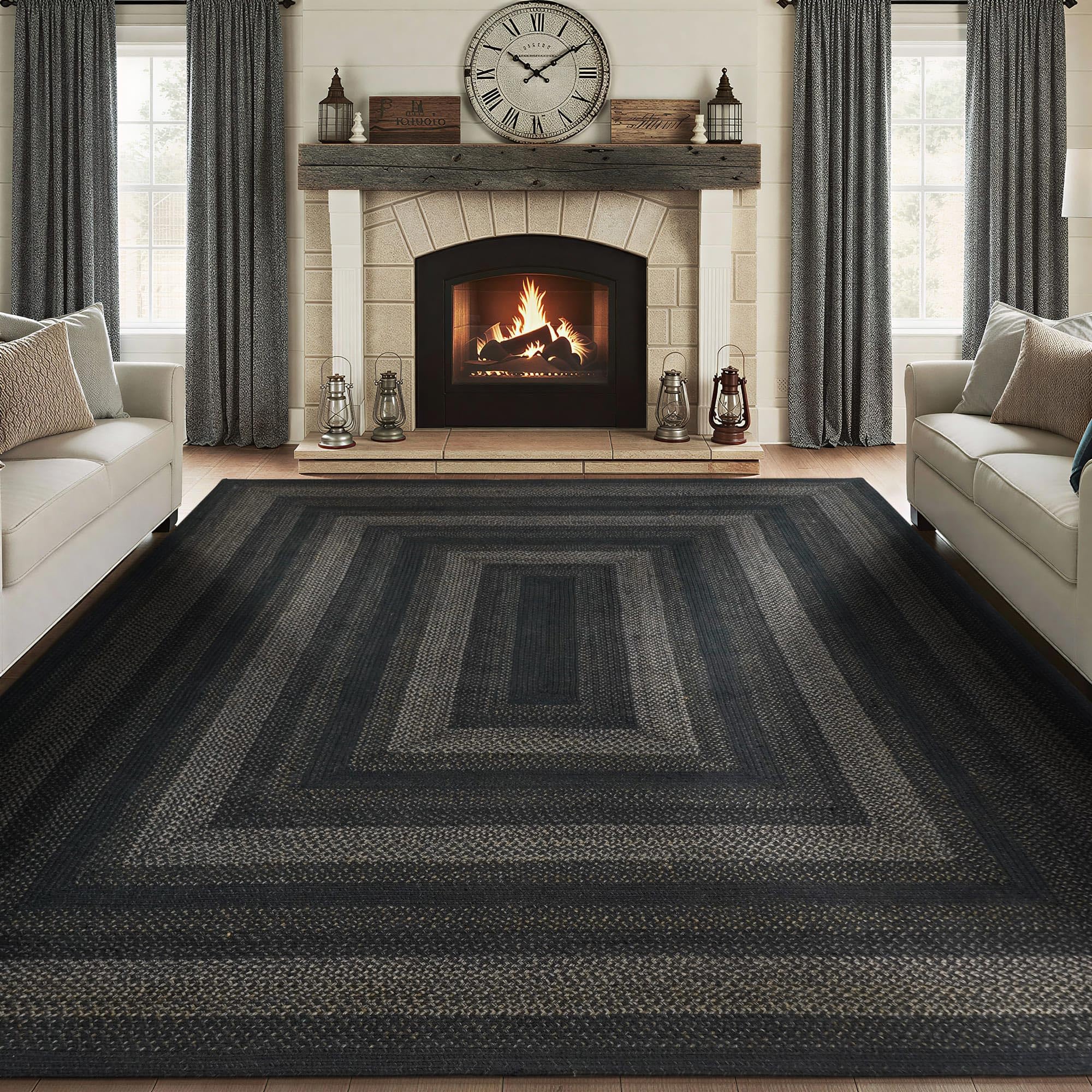 Homespice Jet Black Braided Area Rugs 5x8' – Primitive Gray and Black Rug for Living Room and Bedroom