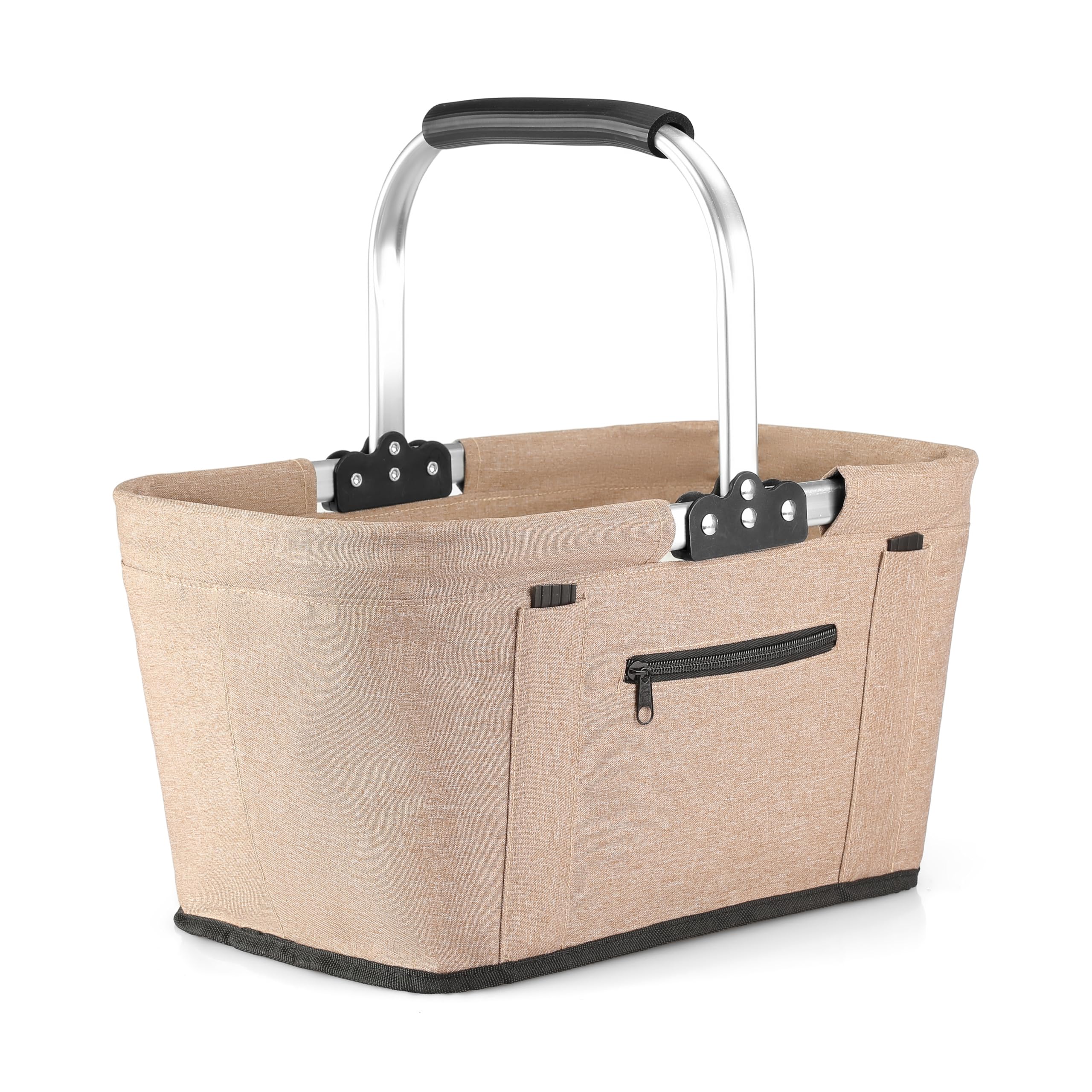 Yeabett 30L Faltbarer Einkaufskorb mit 4 Stützstangen | Stabiler Tragekorb & Picknickkorb | Großer Faltkorb für Familie (46x27x25cm) | Mit gepolsterten Griffen | Für Einkauf, Reise, Camping (Khaki)