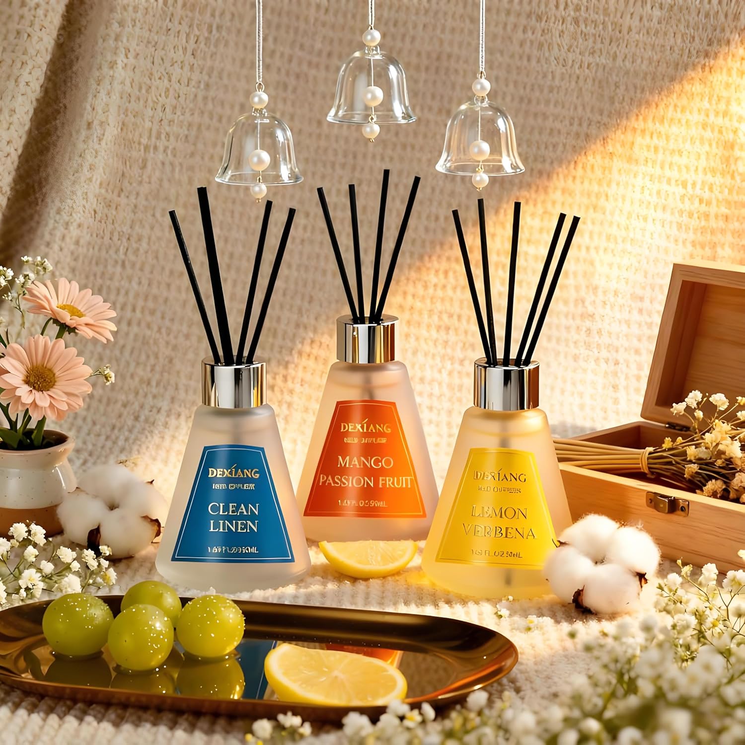 Reed Diffuser Set of 3 Pack, Lemon Verbena/Mango Passion Fruit/Clean Linen Oil Diffuser Reed Diffusers for for Home, Bathroom, Office Decor, 1.7 Fl.oz, Total 5.1Oz