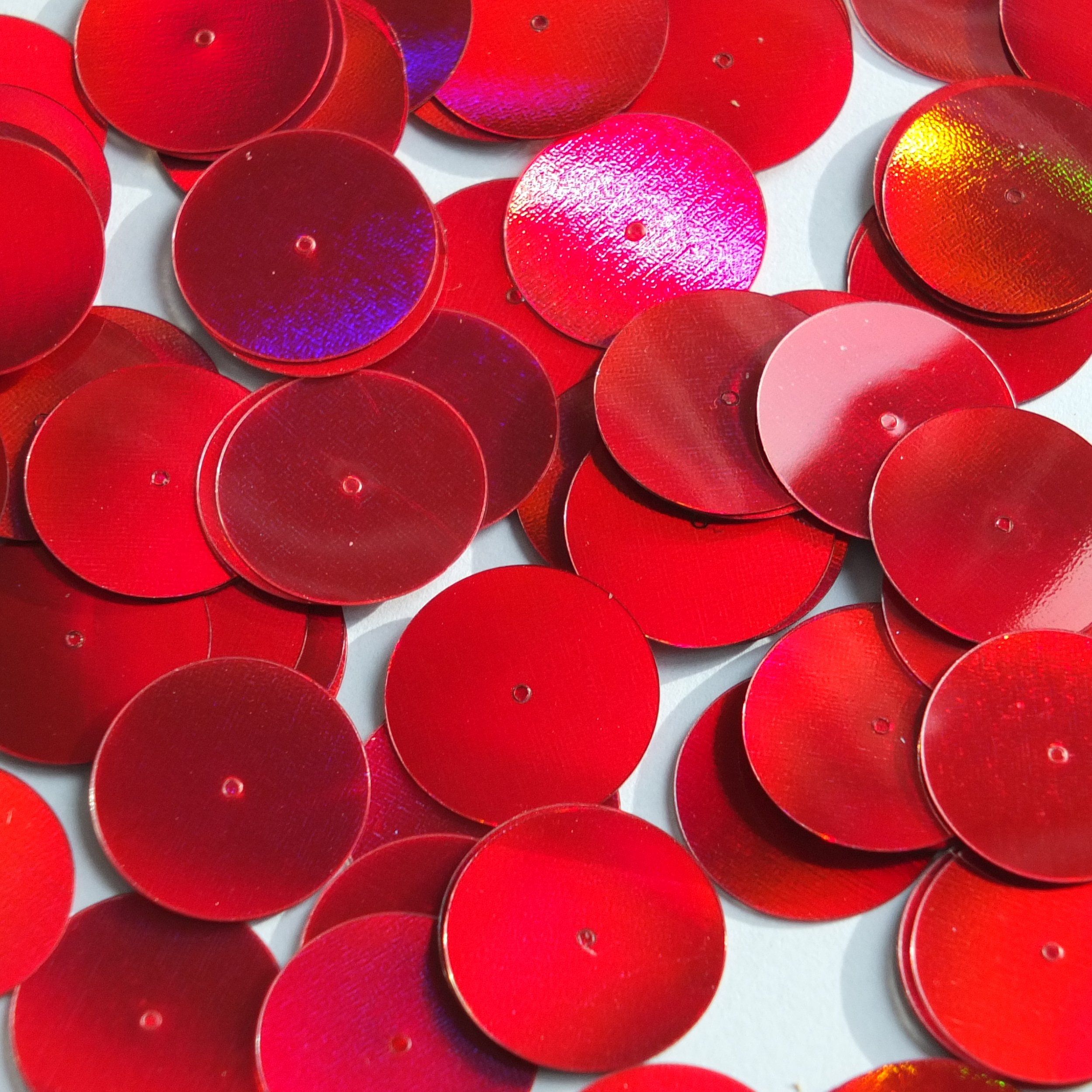 Round Flat Sequin 20mm Center Hole Red Lazersheen Rainbow Reflective Metallic. Couture Paillettes. M
