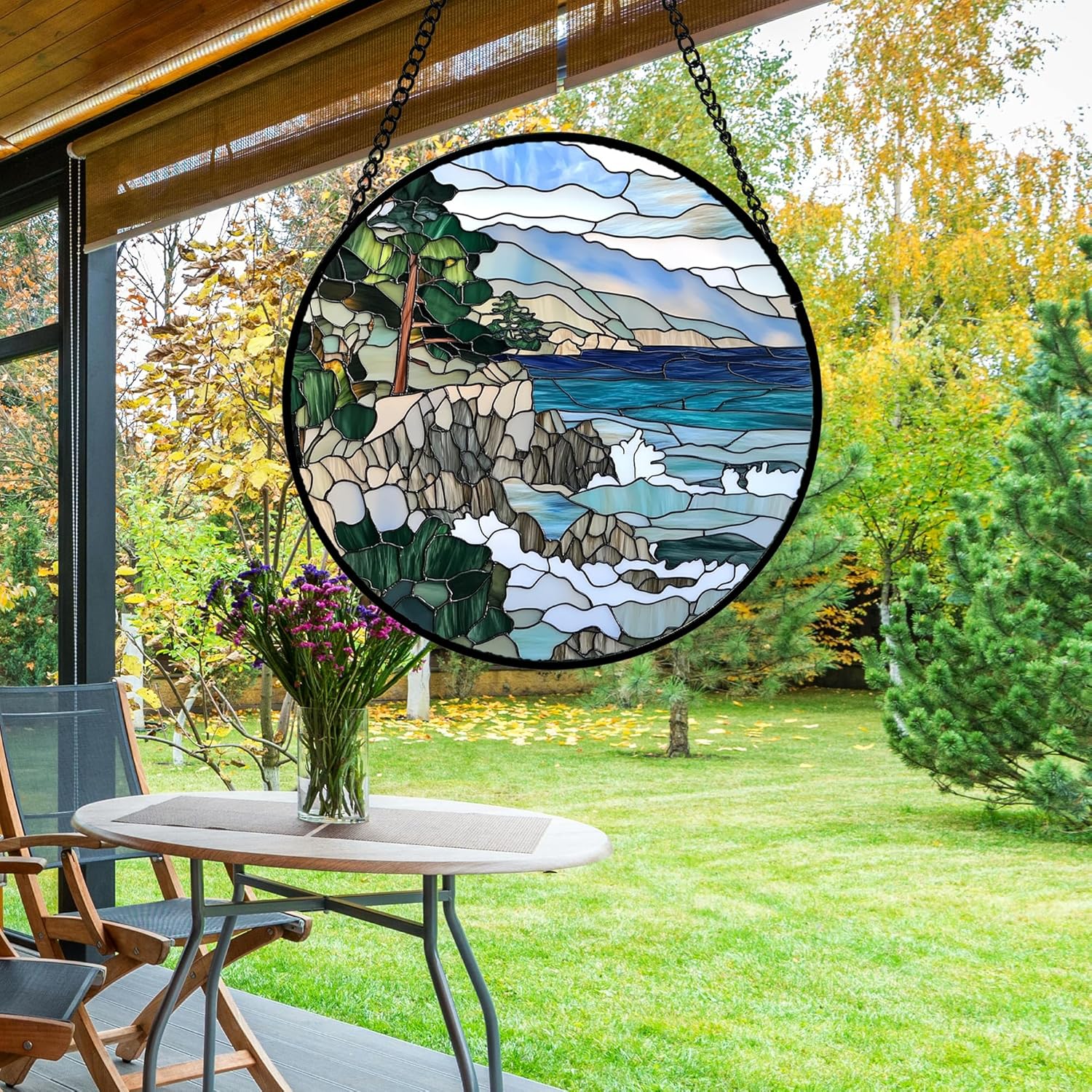 Stained Glass Window Hanging Blue Ocean Mountains Wave Landscape Large 15" - Suncatcher Door Garden Sun Catcher Home Decor Birthday Christmas for Men Mom Woman Wife Friend