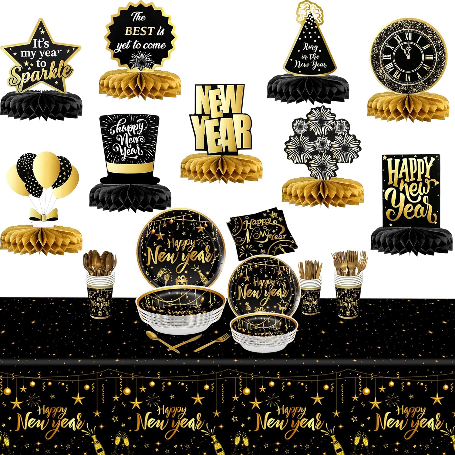 KatchOn, Pack of 185, Huge New Years Centerpieces for Tables | New Year Table Decorations 2026 with Happy New Year Plates Cups and Napkins | Happy New Years Tableware for Nye Decorations 2026