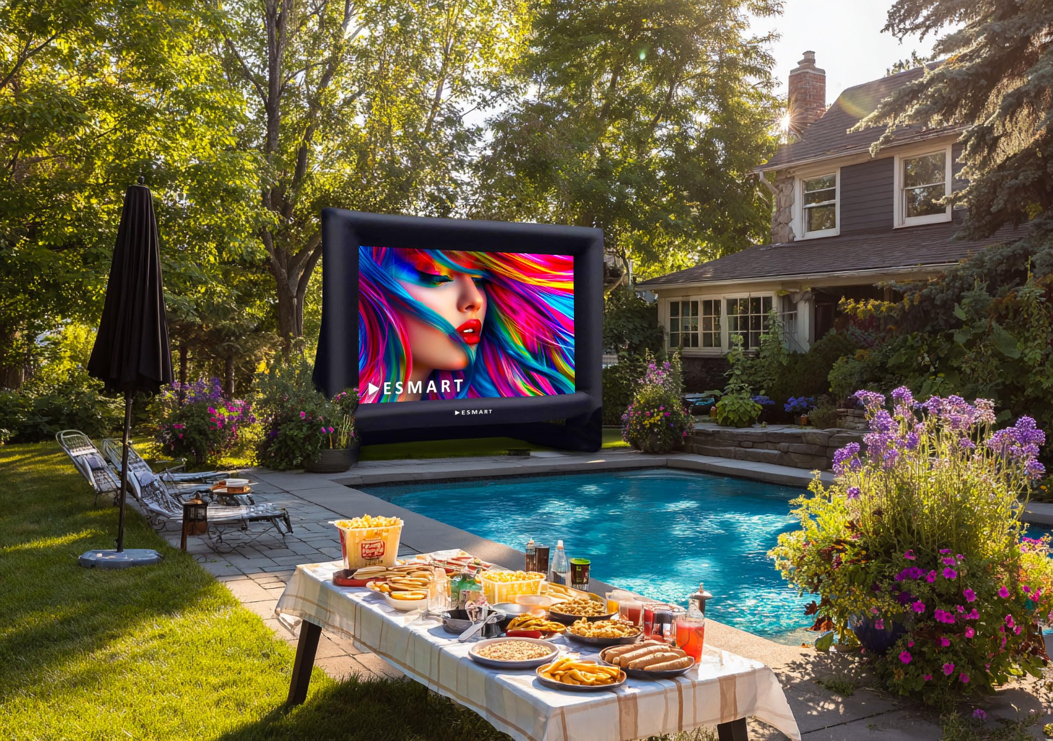 ESMART Public AIR 16 Aufblasbare Outdoor Leinwand 302 x 168 cm (135") 16:9 Beamer & Kino Leinwand mit Luftgebläse & Tragetasche | Front- & Rückprojektion | schneller Aufbau | Gartenkino & Events