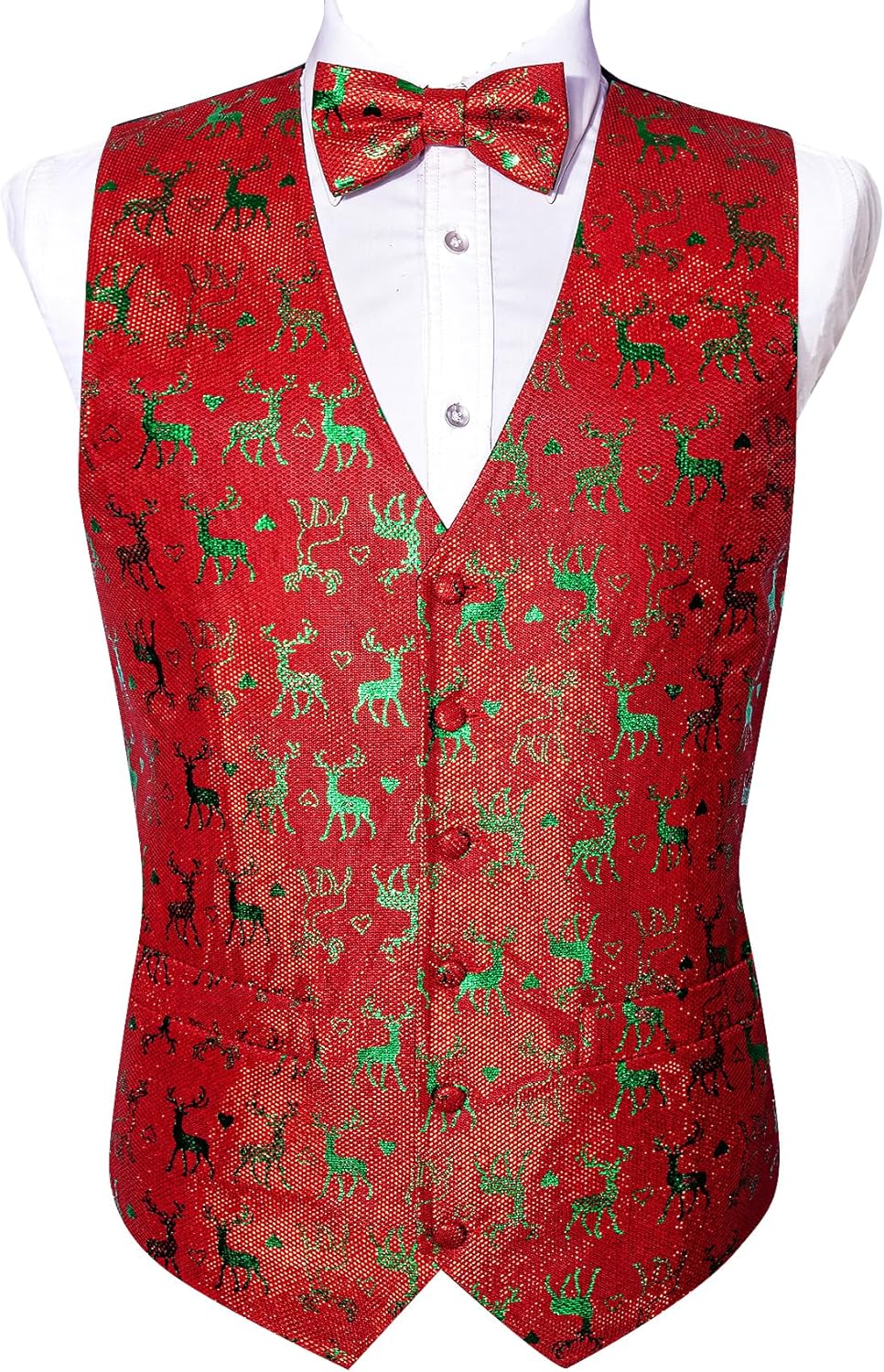 Barry.Wang Mens Christmas Vest Red Green Xmas Tree Snowman Snowflake Festival Suit Waistcoat Bow Tie Set Holiday