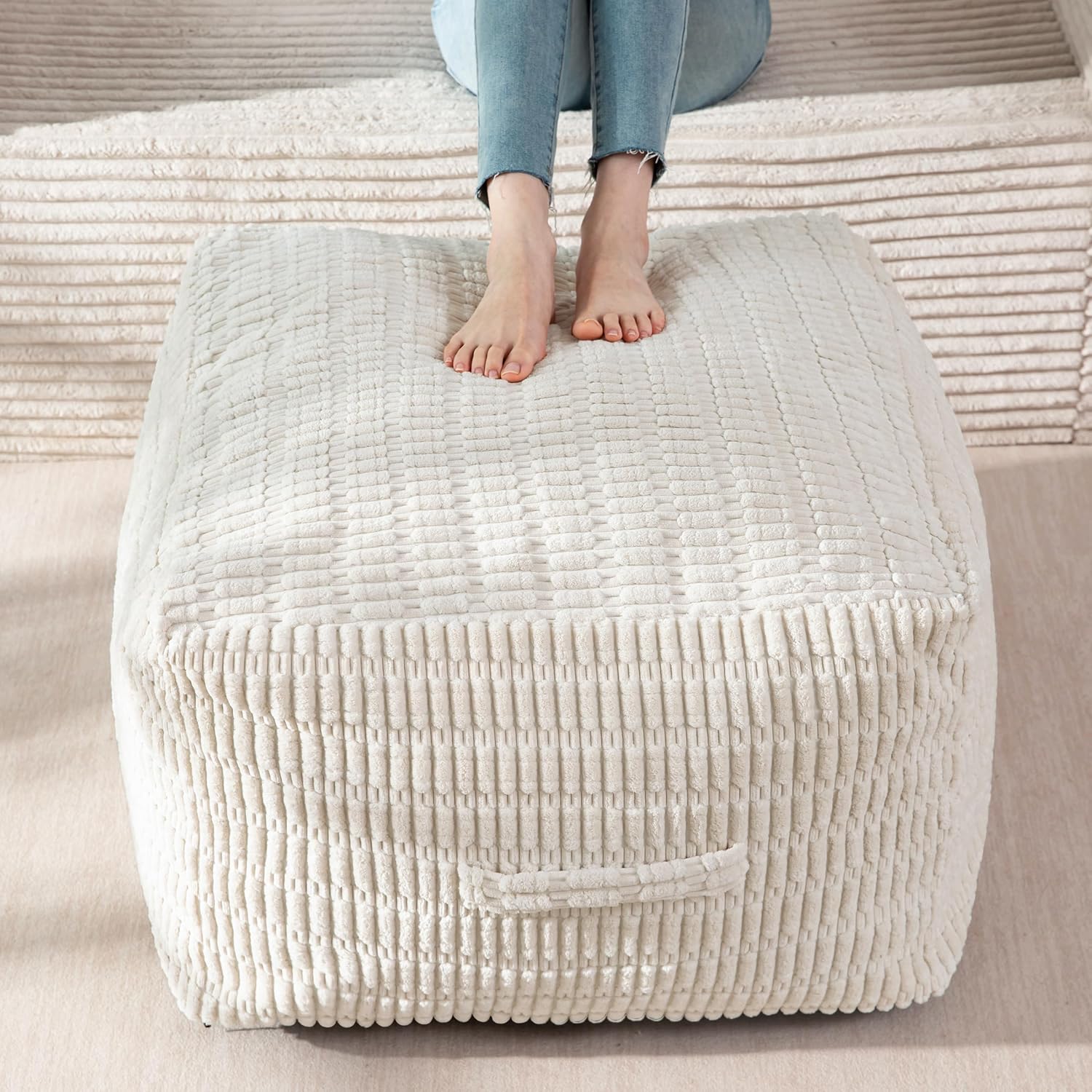 HIGOGOGO Pouf Ottoman Stuffed Square Modern Foam Filled Foot Rest Poufs for Living Room Chair Decorative 20 X 14 Inches Boho Relax Stool for Wedding Christmas Party, Beige