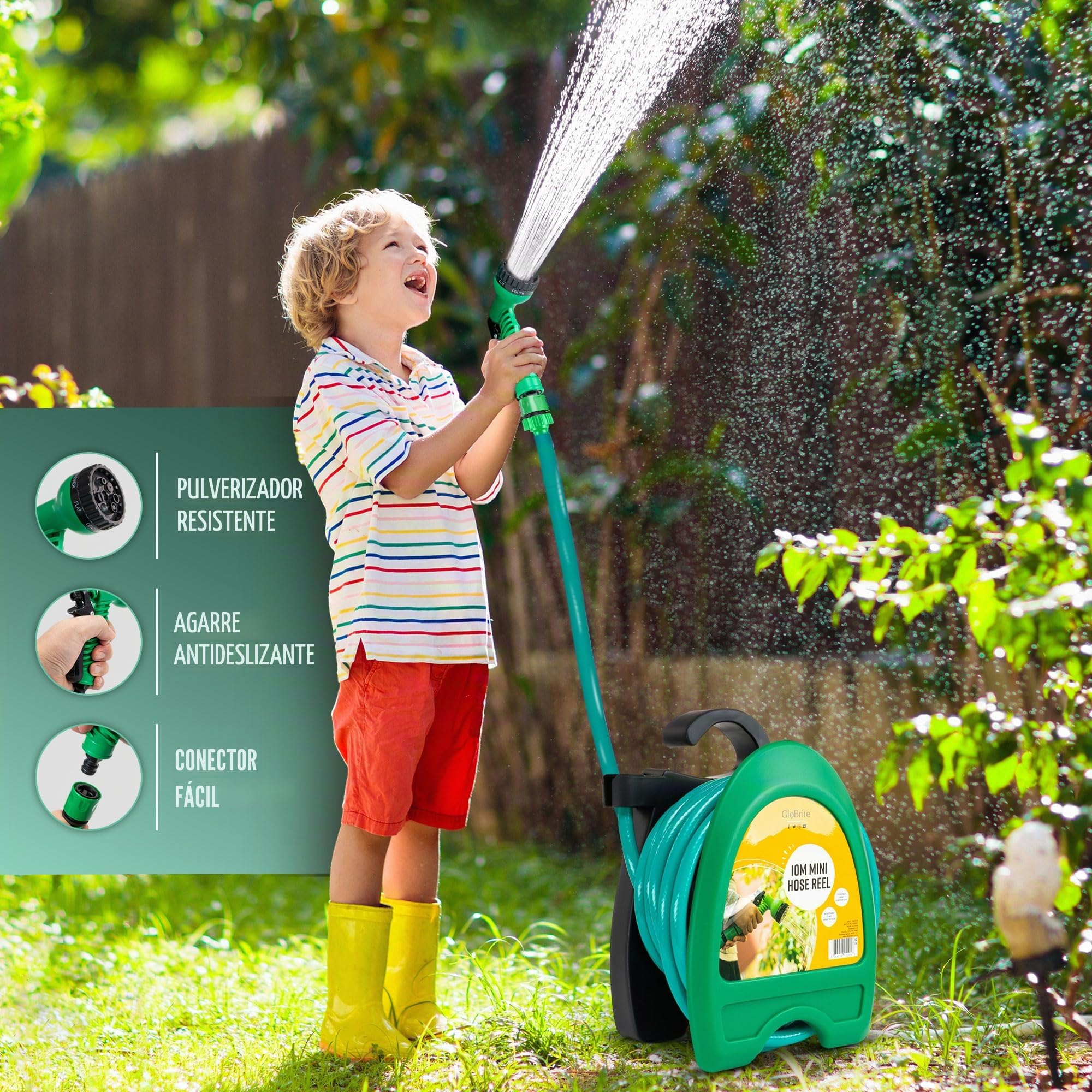 GloBrite Manguera de Jardín Enrollable de 10 m con Pistola de 7 Modos y Carrete, Enrollador Compacto y Portátil con Soporte Mural para Balcón, Terraza, Patio, Limpieza Exterior y Hogar Diario