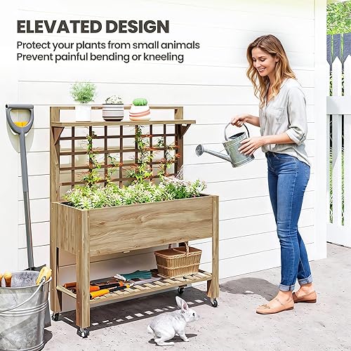 Miniatura 5 de Outsunny Cama de jardín elevada de 41 pulgadas con enrejado sobre ruedas, maceta elevada de madera con patas y forro de cama, para flores, hierbas y