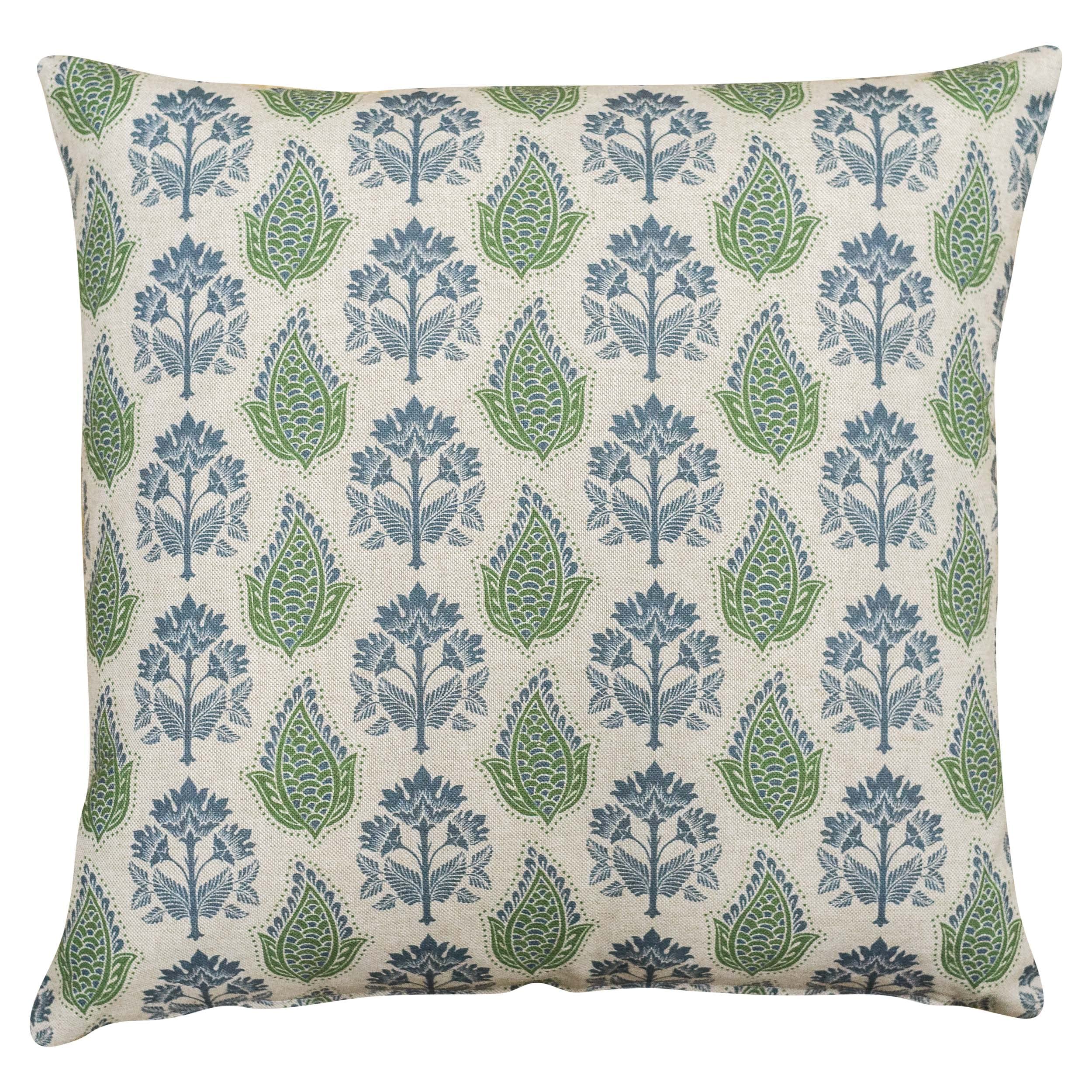 Linen Loft Cotswold Countryside Motif Cushion Cover. Cottagecore Green and Blue Floral & Leaf Geometric Botanical Design. 17x17 Square Cushion Cover Only