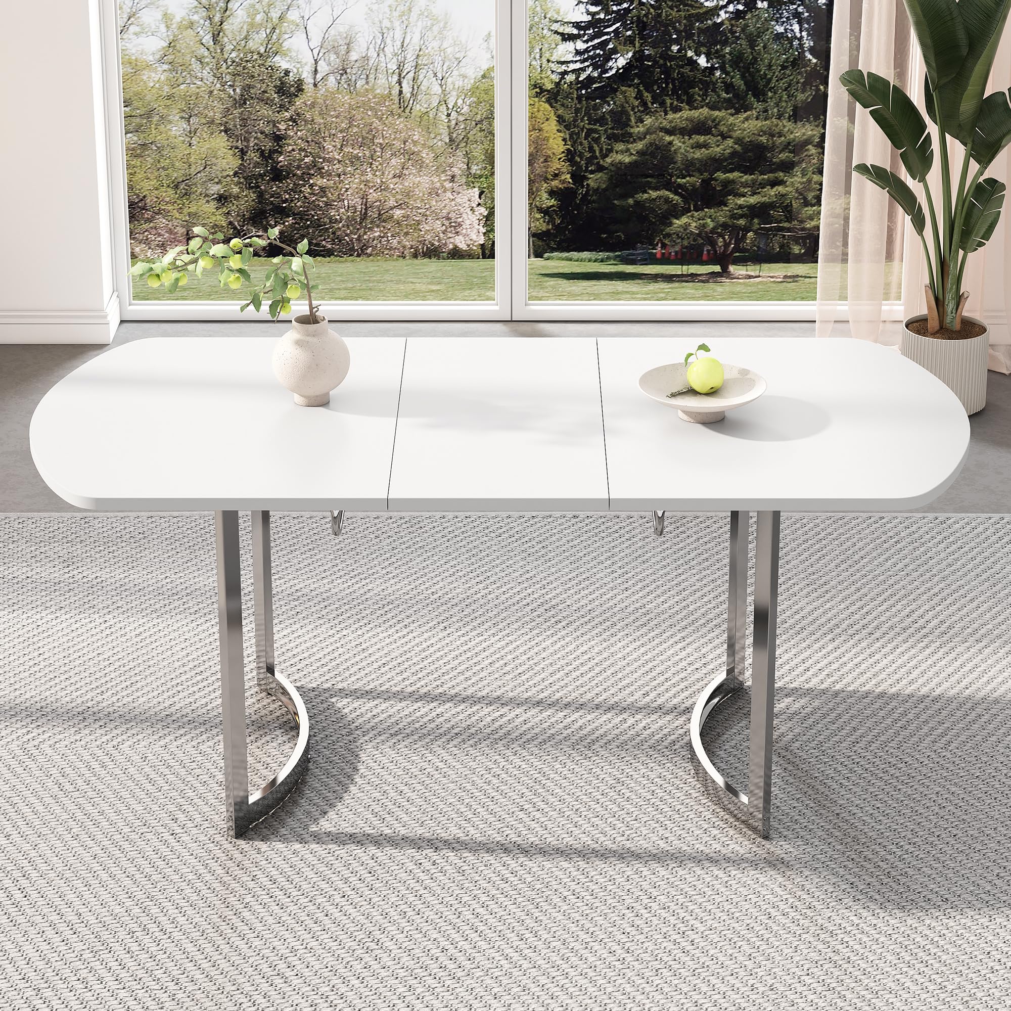Soweiz Mesa de comedor extensible 140/180 x 80 cm, longitud extensible 180 cm, patas de metal plateadas, soporte de aleación de alta resistencia, adecuado para 4 – 6 personas, color blanco + plateado