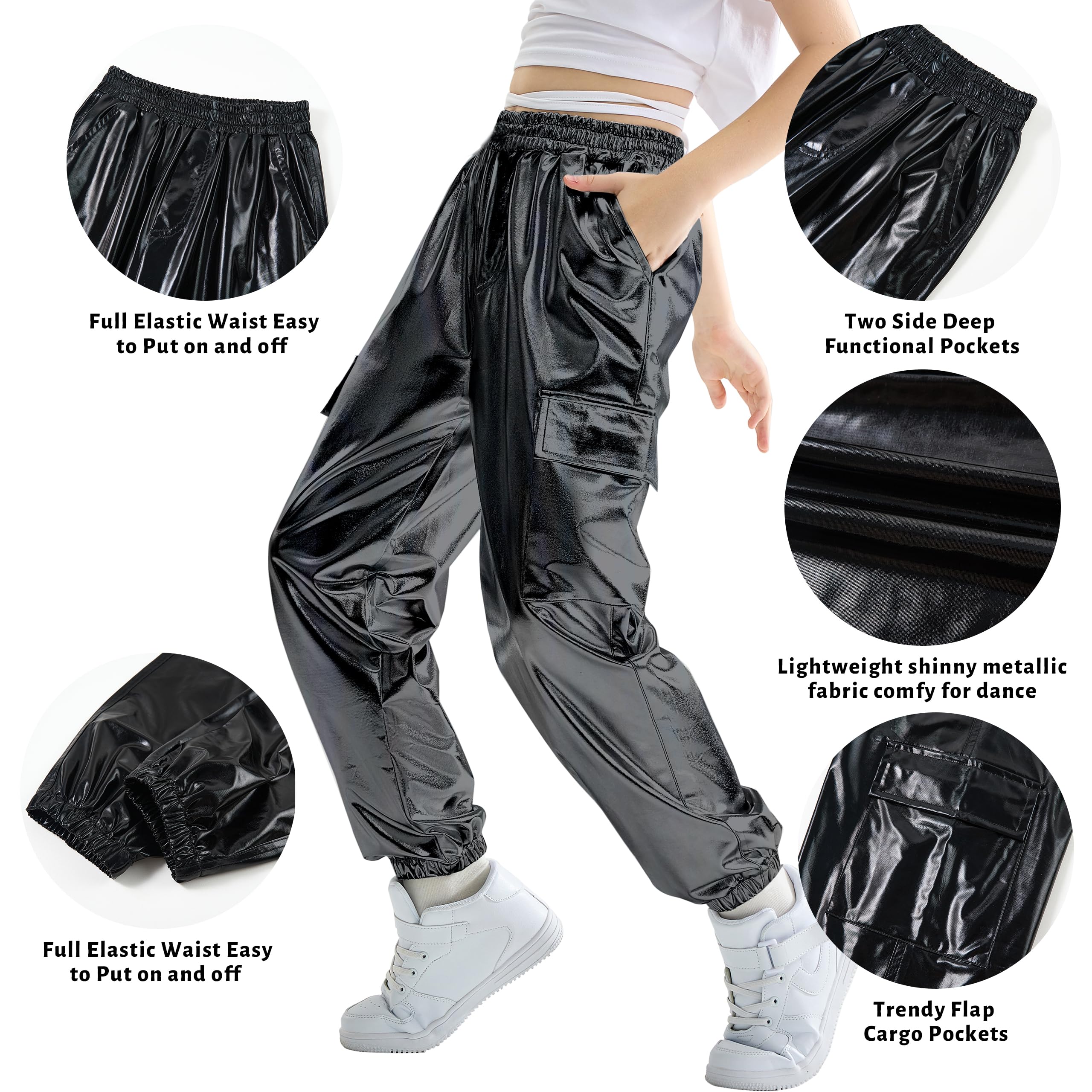 Rolanko Cargo Hosen für Mädchen, Metallische Tanz Hip Hop Hosen für Kinder Mit Elastischem Bund, Retro Disco Streetwear
