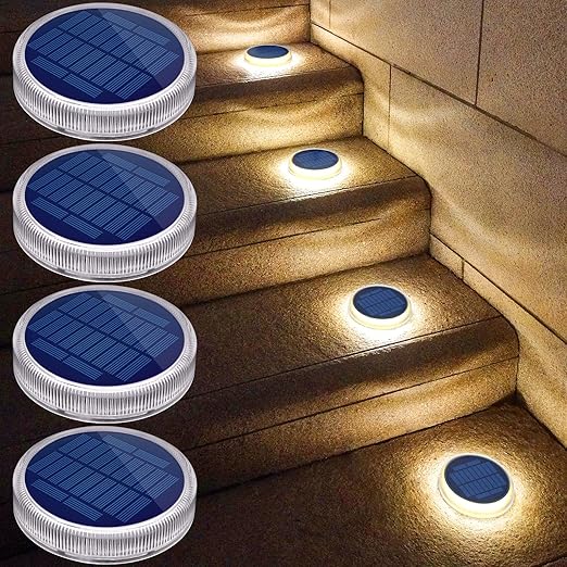 Solar Deck Lights Outdoor, IP68 Waterproof Solar Step Lights for Patio Stair Walkway Pathway, 2 Tons Anti Press LED Dock Lights Solar Outdoor Lighting, Auto ON/Off Deck Lights- Warm White (4 Pack)