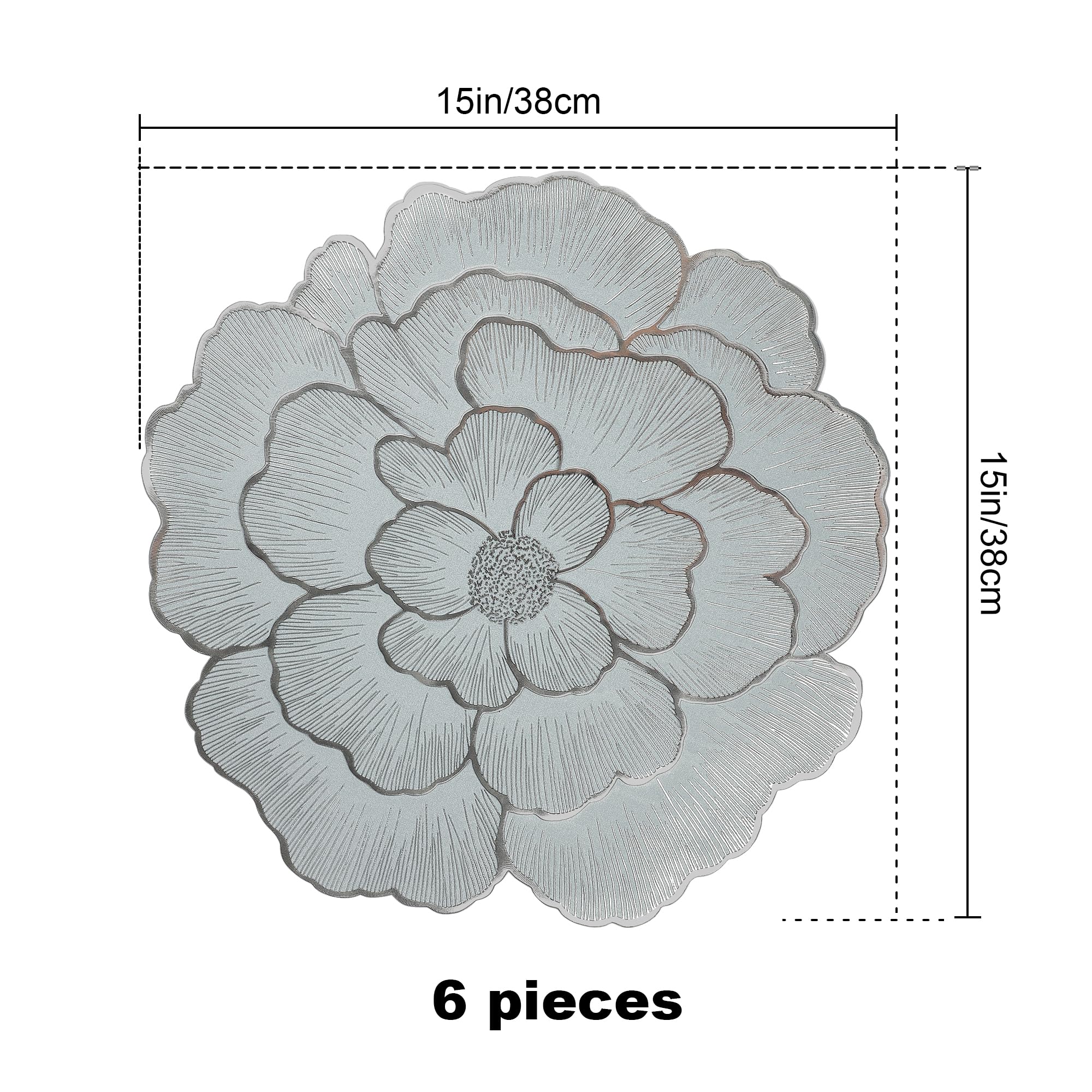 fanquare Podkładki pod talerze z różami, zestaw 6 sztuk, kwiatowe, eleganckie, PVC, srebrne kwiaty, podkładki pod talerze ze złotą obwódką, odporne na wysokie temperatury, zmywalne, antypoślizgowe