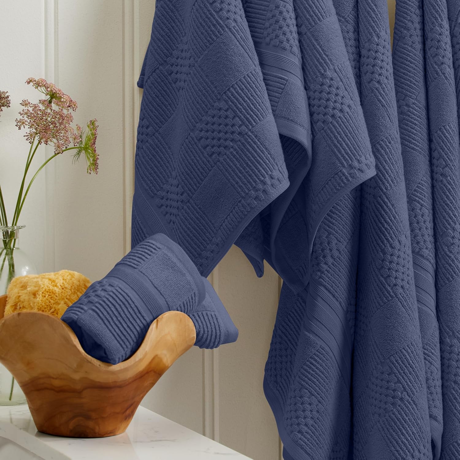 Springtree Home 100% Cotton Bath Towel Set of 4 | Blue Towels | Geometric Textured Design | Absorbent & Quick-Dry | 4 Bath Towels | Oeko-TEX® Standard 100 Cotton | Myla Collection - Indigo - Image 8