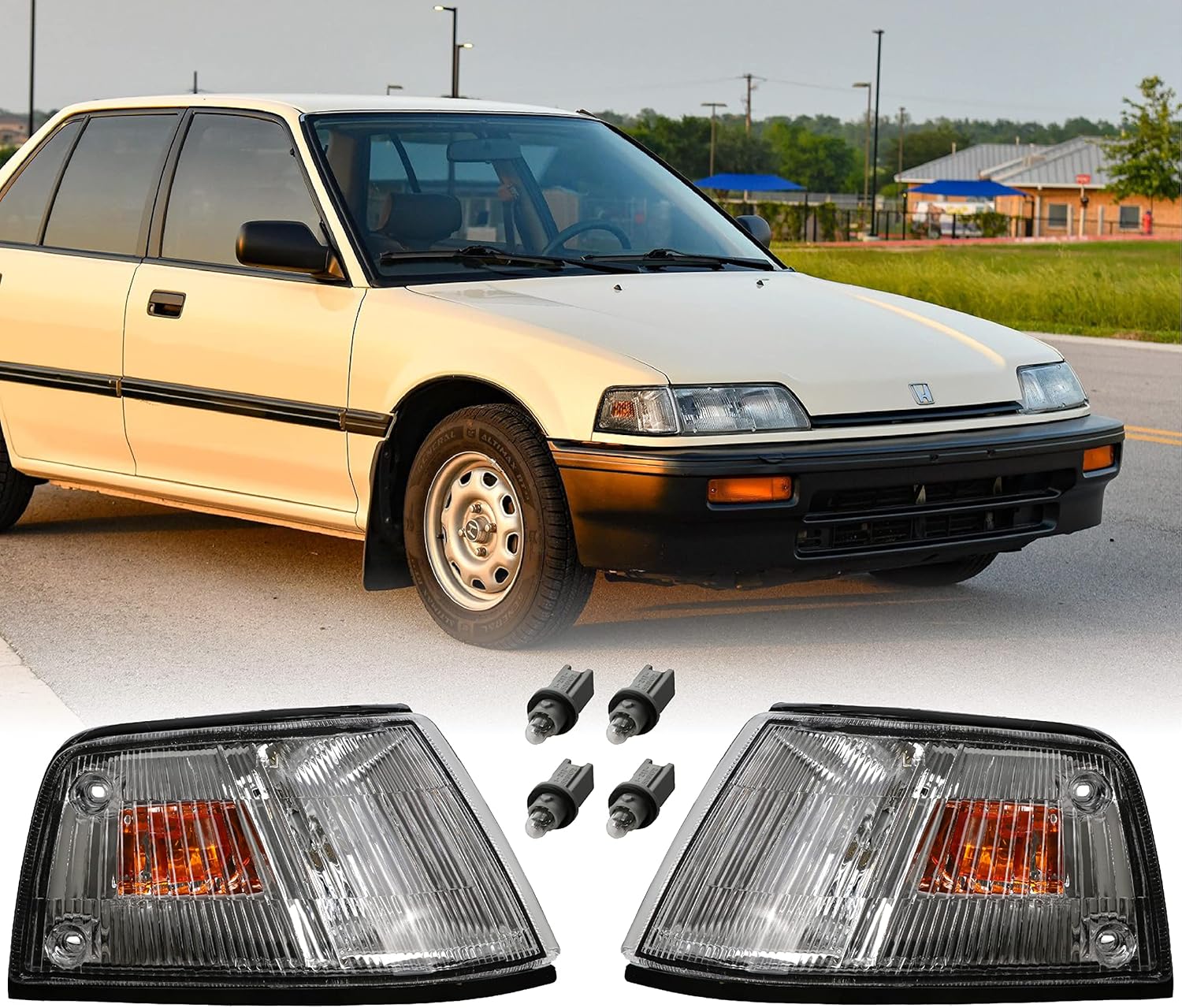 USR DEPO 88-89 Civic 4D Corner Lights - Front Cornering Parking Turn Signal Lamp Set (Left + Right) Compatible with 1988-1989 Honda Civic 4 Doors Sedan (Amber/Clear Lens)