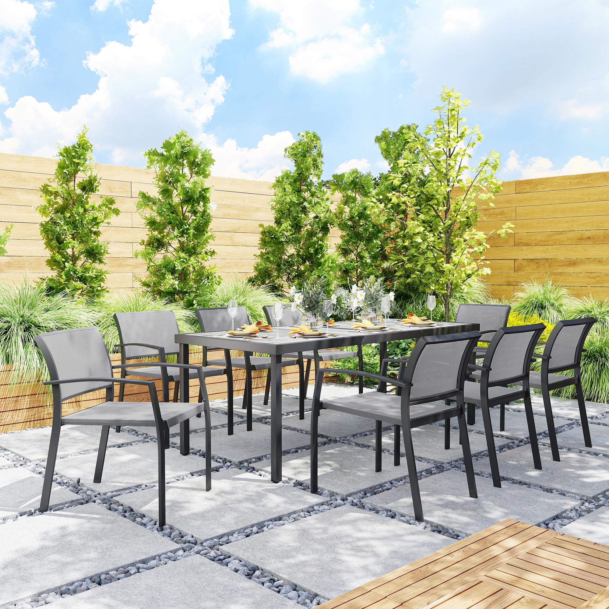 Outsunny Set Tavolo da Giardino con Sedie da 9 Pezzi, Set da Pranzo con Tavolo con Piano in PSPC, 8 Sedie da Esterno Impilabili con Braccioli, Set di Mobili in Acciaio e Textilene da Terrazza, Grigio
