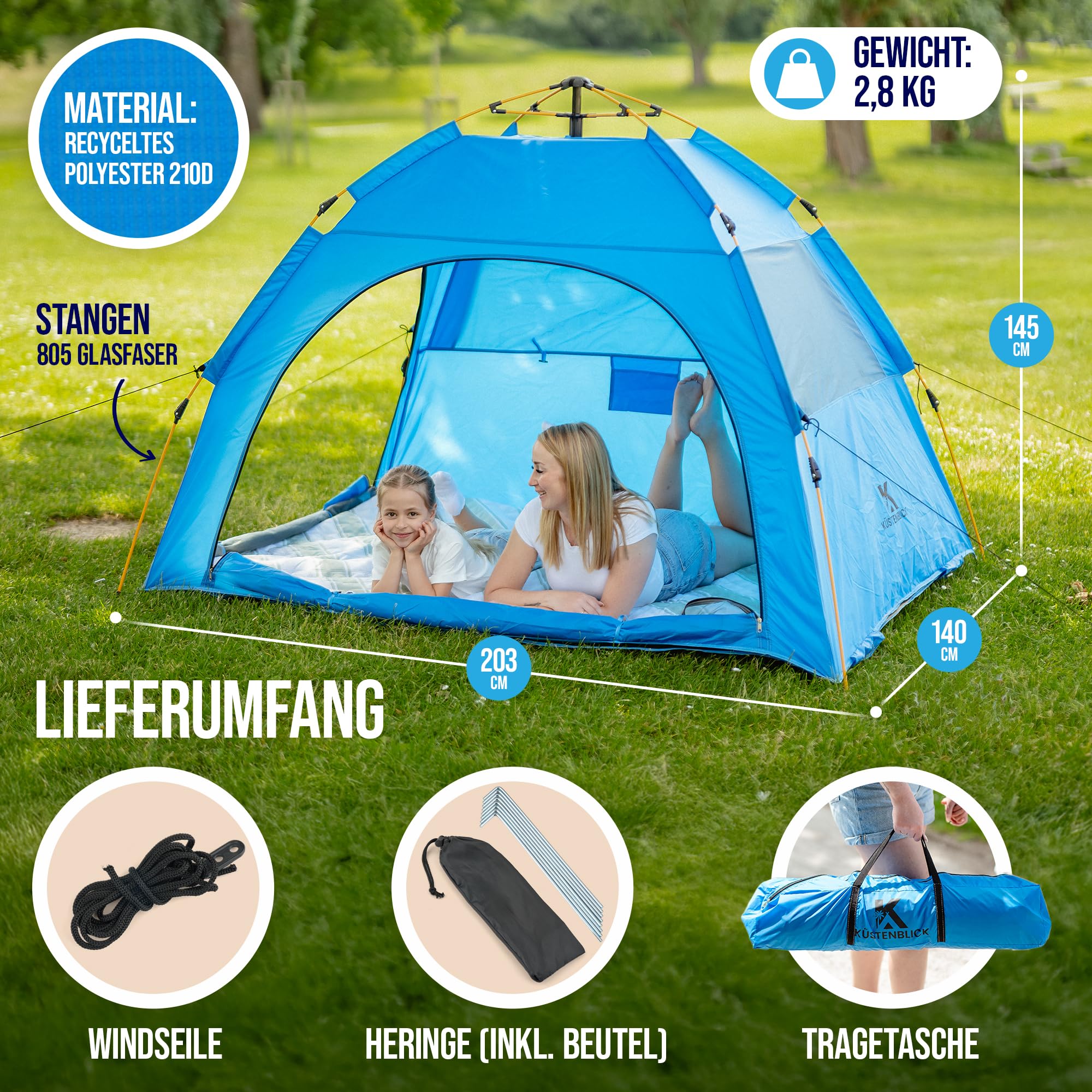 Strandmuschel für 2 Personen – UV-Schutz 50+ & abnehmbarer Boden | Quick-Up System für 10 Sek. Aufbau | Windstabil inkl. Sandtaschen, Seile, Heringe & Tragetasche, Blau
