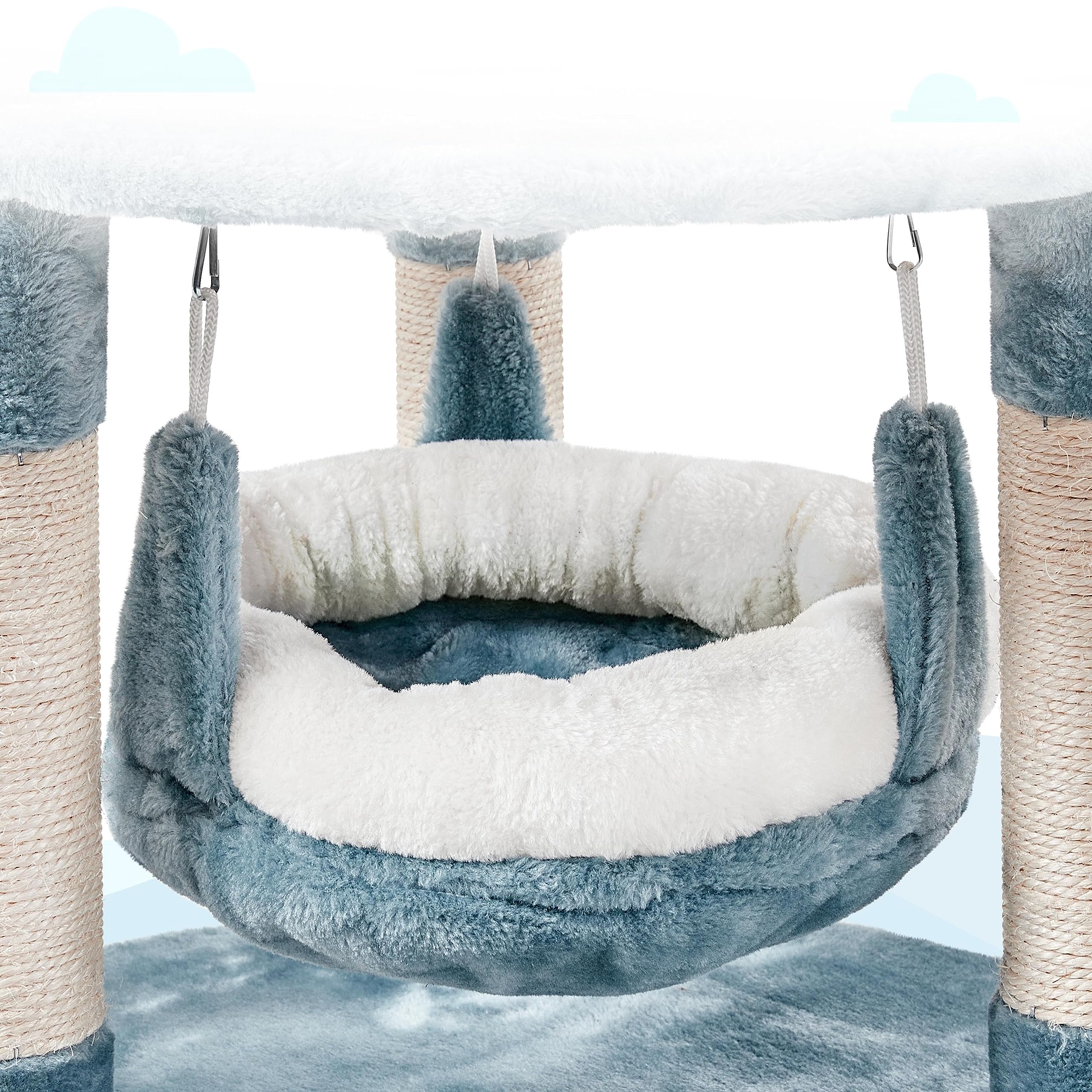 Abicain Arbre à Chat Tour pour Chat Multiniveau avec Niche Effet Requin, Hamac, Perchoir, Poteau en Sisal, 55 × 55× 115 cm, Bleu/Blanc