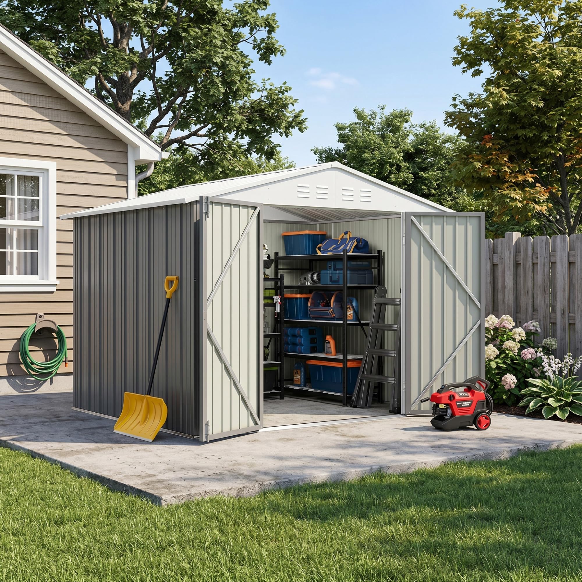Devoko 8x10 FT Outdoor Storage Shed, Metal Tool Shed with Lockable Door&Slooping Roof, Outside Storage for Garden Backyard Patio(Gray)