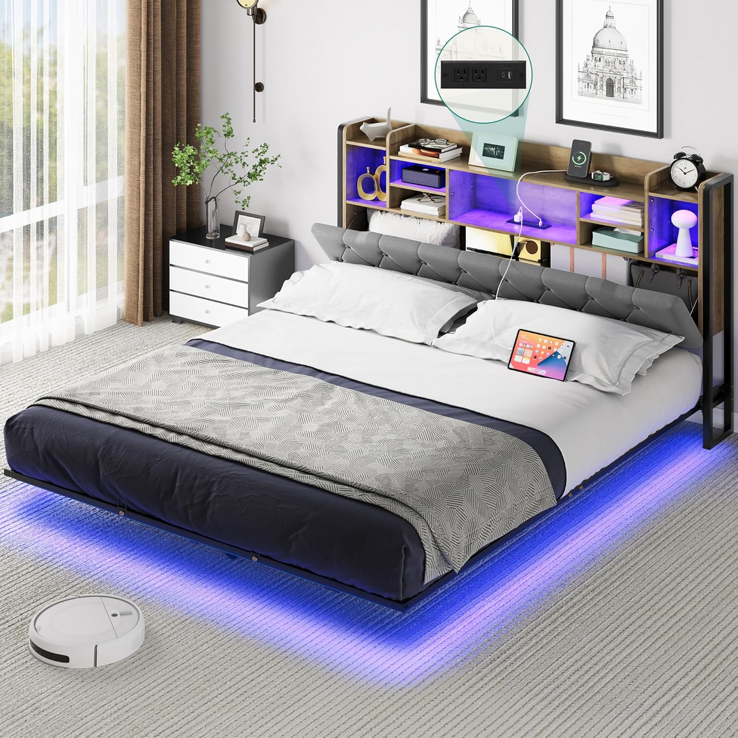 YITAHOME Queen Floating Bed Frame, Upholstered Platform Bed with Headboard Storage, and Charging Station, No Box Spring Needed,Dark Gray