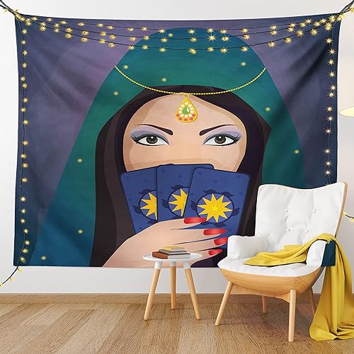Lunarable Tapiz gitano, mujer adivina con un chal sosteniendo cartas de tarot, misterioso retrato de mujer joven, decoración de tela para colgar