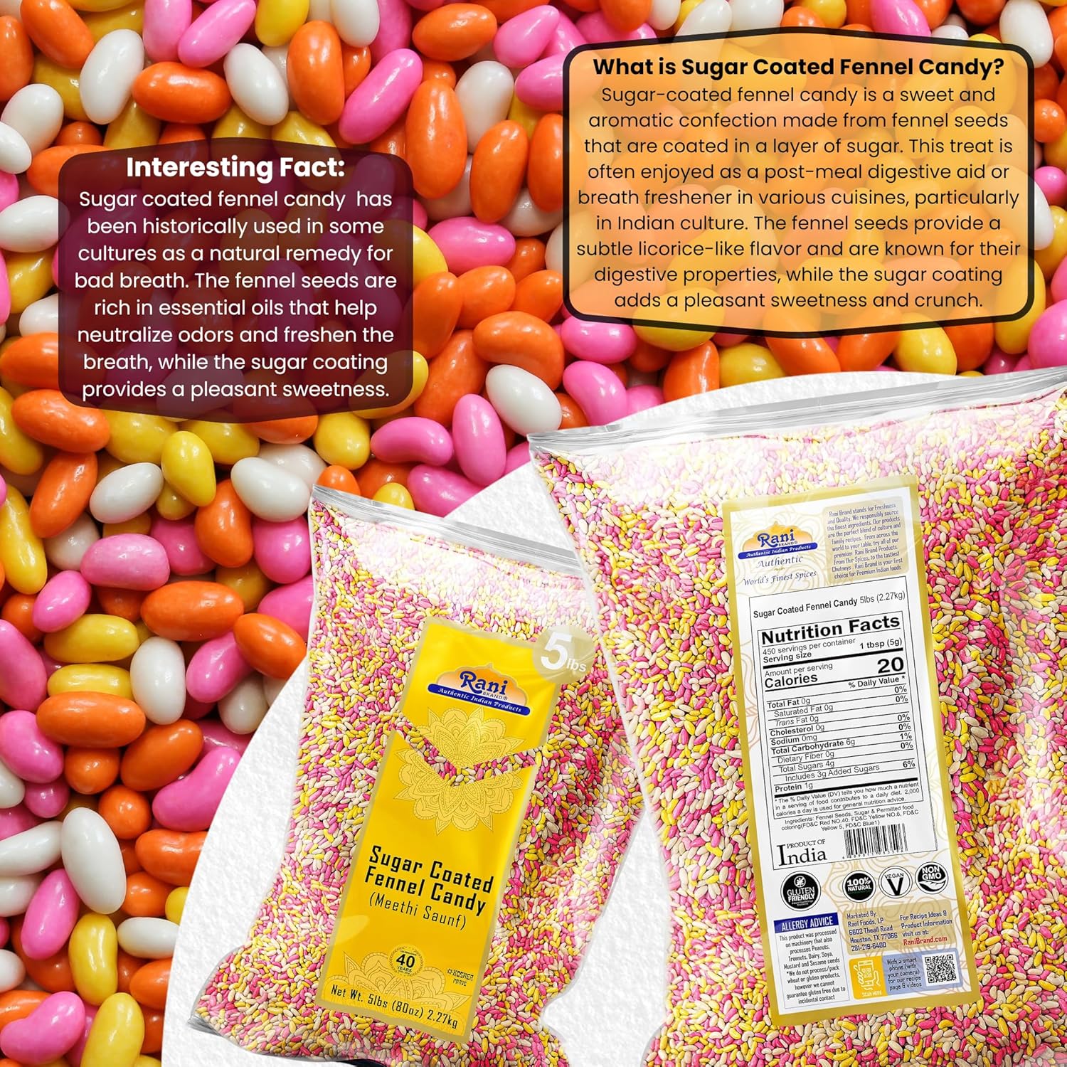 Rani Sugar Coated Fennel Candy (Value Pack) 5lbs (Assorted Colors/Flavors)