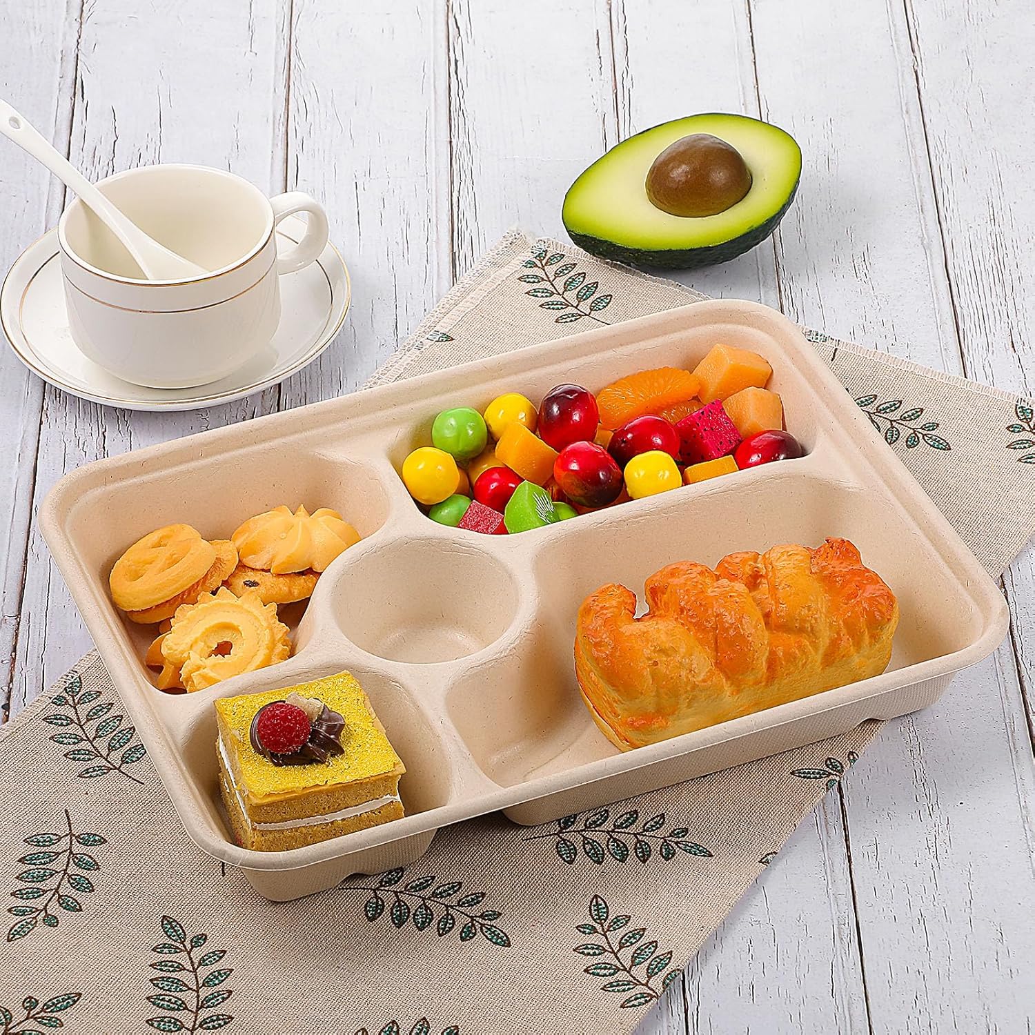 60 Pack Compostable 5 Compartment Plates, 11” x 8.3” Disposable Bagasse Lunch Trays, Heavy-Duty Eco-Friendly Sectional Paper Plates for Learning Places, Party, Buffet (Beige) - Image 4