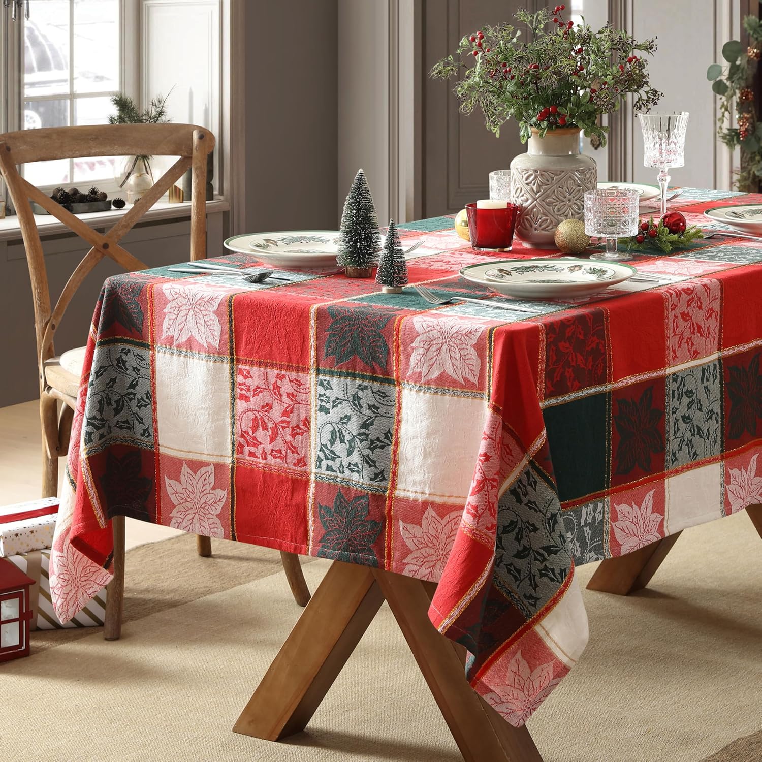 Home Bargains Plus Holly Leaves Plaid Fabric Tablecloth, 60 x 120 Inch Rectangle, Red and Green Christmas Check with Poinsettias and Gold Accents, Cotton Blend Holiday Table Cover