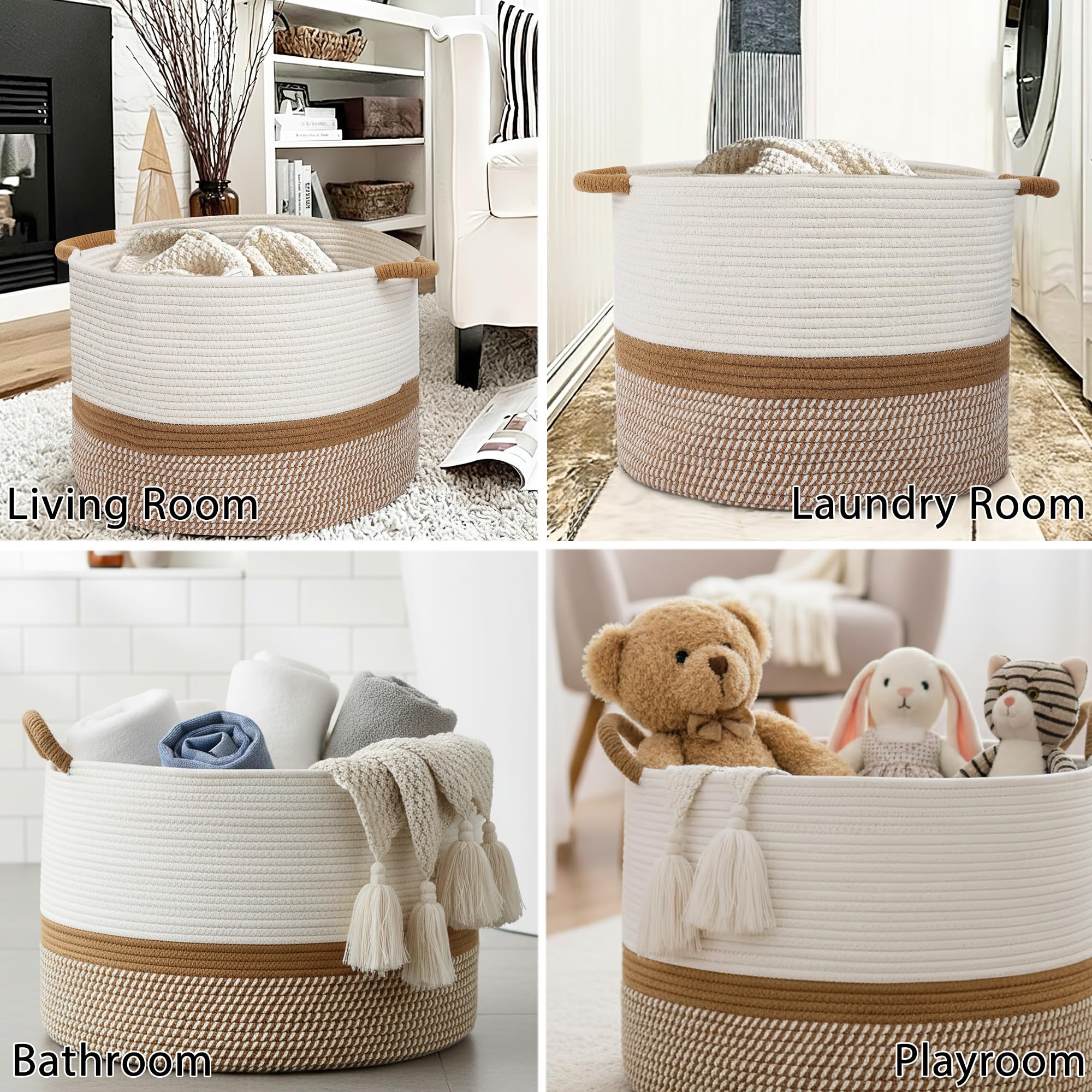 Bianco Cesto Portabiancheria Sporca in Corda di Cotone 40×40×30 cm,Cestino Portaoggetti Intrecciato con Manici,Organizer per Vestiti,Coperte,Giochi Bambini