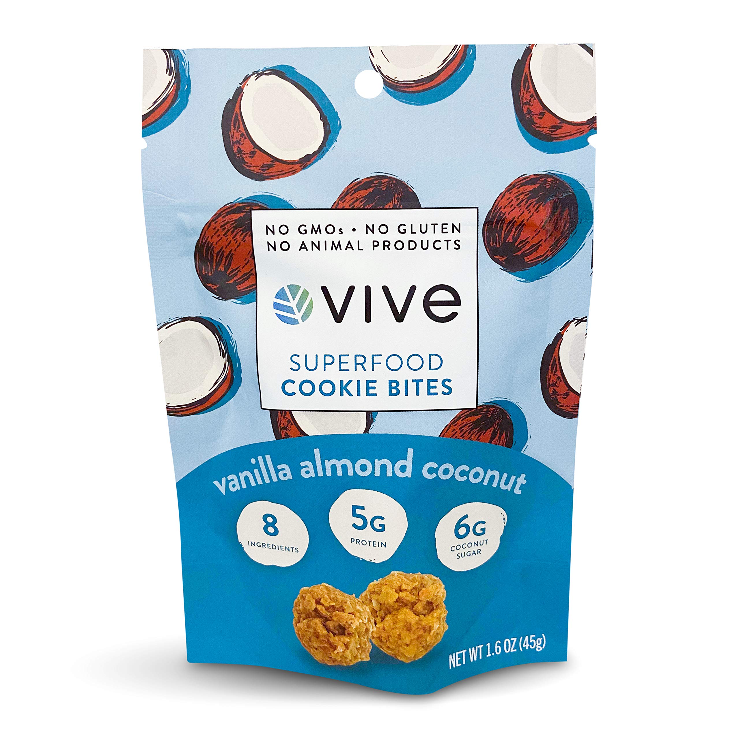 Vive Superfood Cookie Bites Healthy Snacks 5 Pouches 1.6 oz Real Food Gluten Free Vegan Low Sugar (Vanilla Almond Coconut)