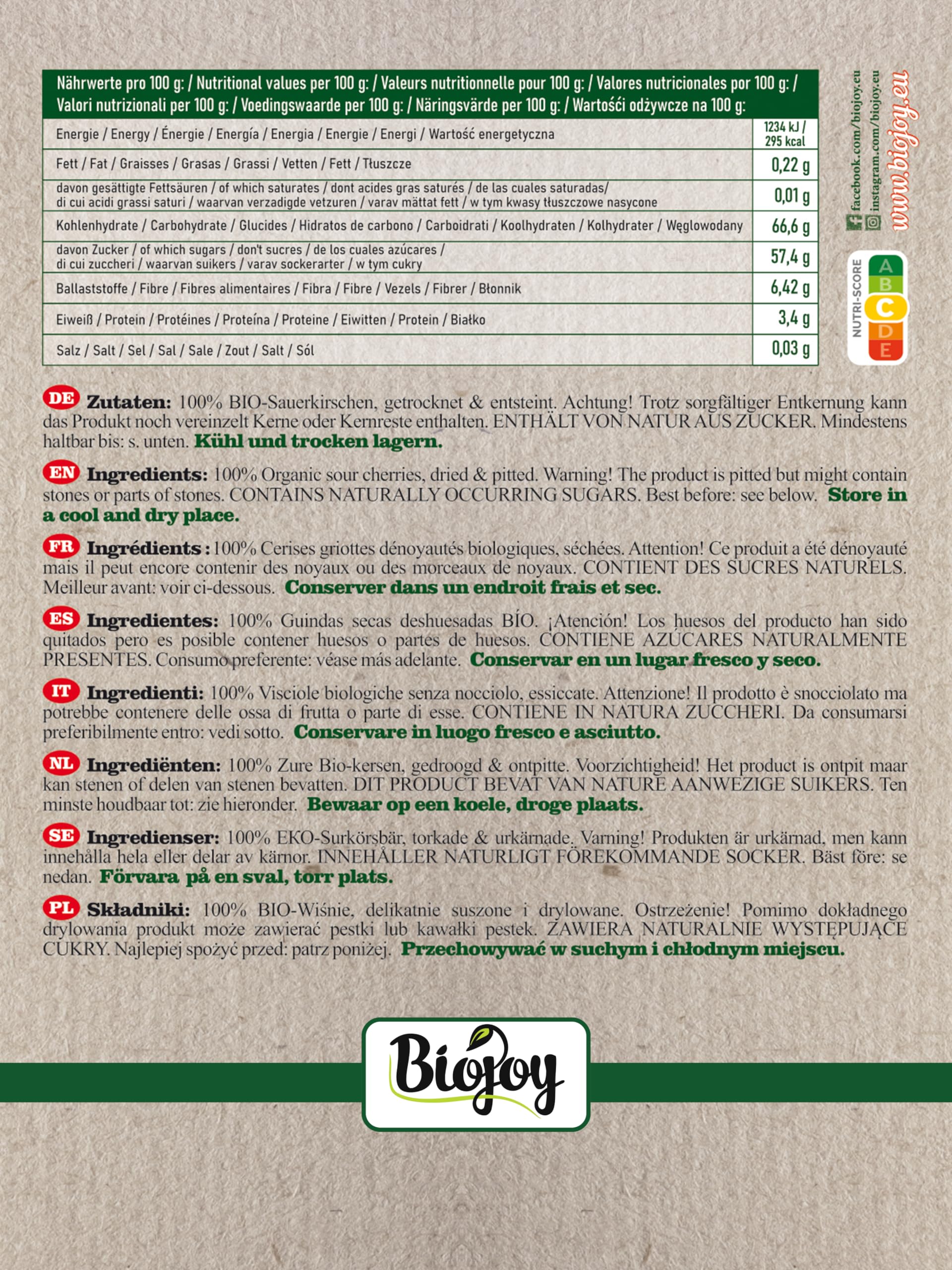 Biojoy BIO Griottes séchées, dénoyautées, non sulfurées, 1 kg | Entières, sans sucre ajouté, origine Turquie