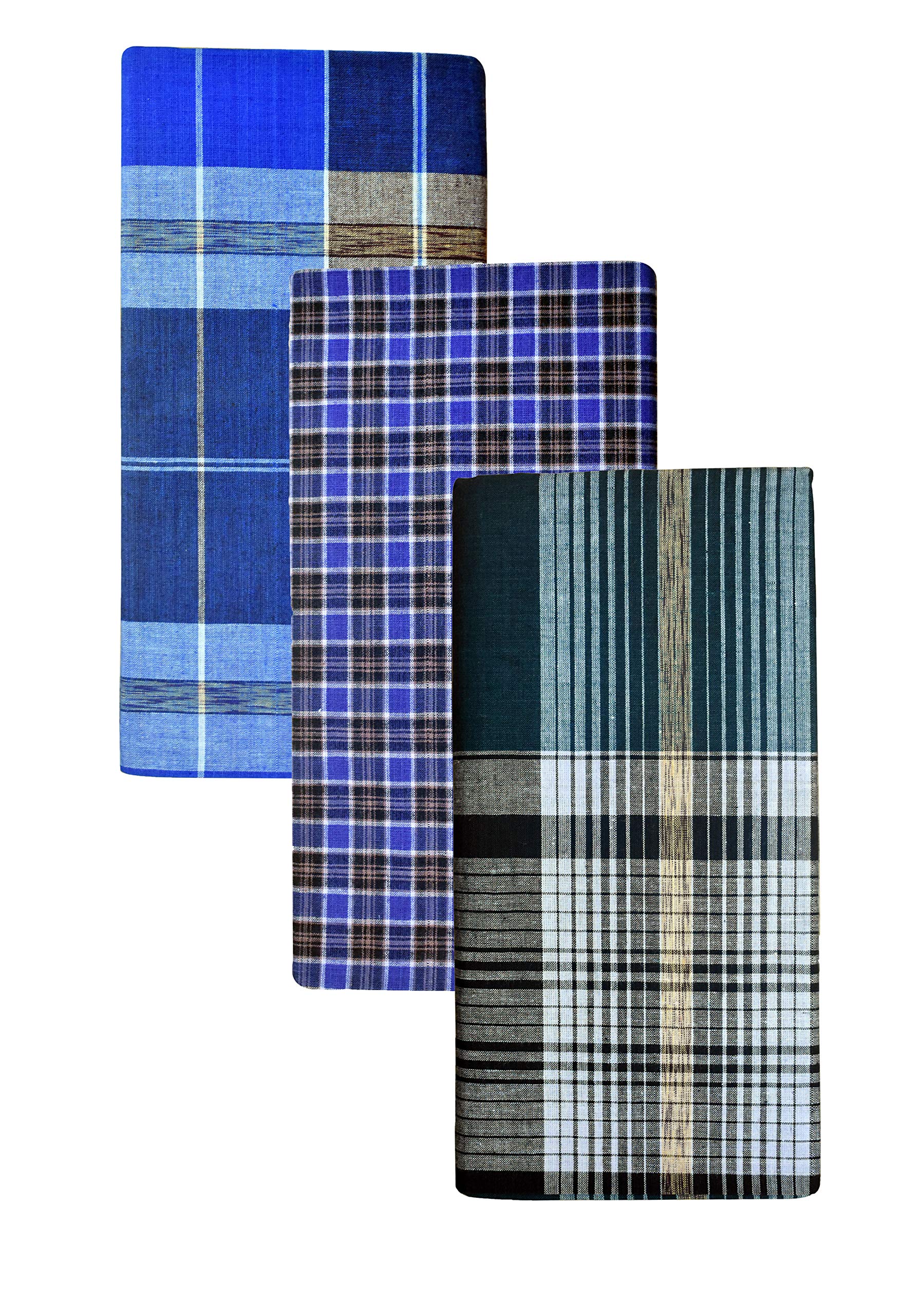BlueLeaf Men's Cotton Multi Color Lungis (Set of 3)
