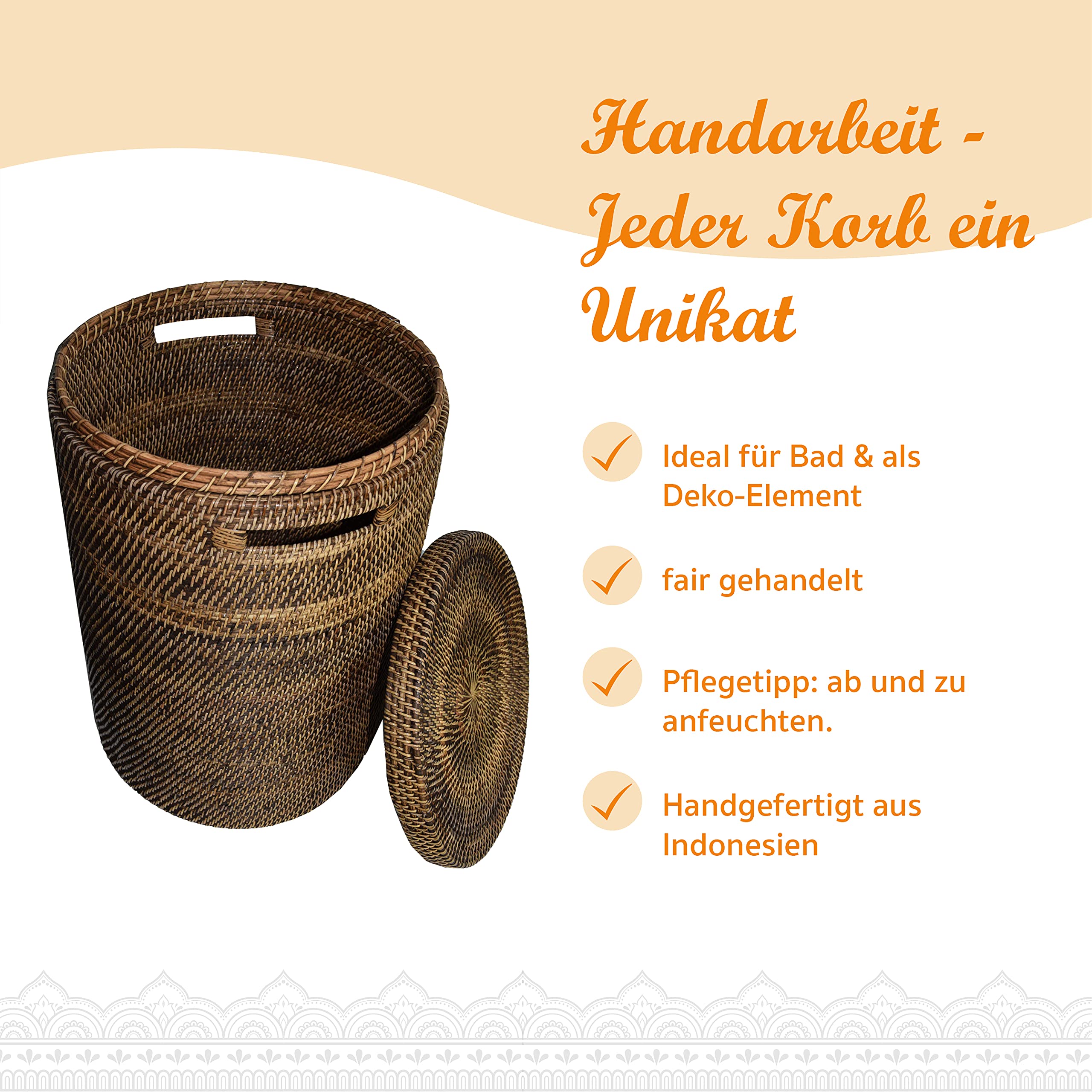 Simandra Wäschekorb mit Deckel, groß I Dekorativer Aufbewahrungskorb aus robustem Ata-Gras I Abmessungen: 40 x 60 cm (Durchmesser x Höhe) I Handgefertigt in Indonesien