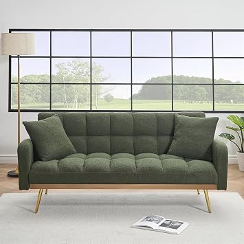 69 Inch Teddy Sofa Bed with Adjustable Backrest, Convertible Upholstered Sleeper Futon Couch 2 Matching Throw Pillow for Living Room, Bedroom, Home Office Green