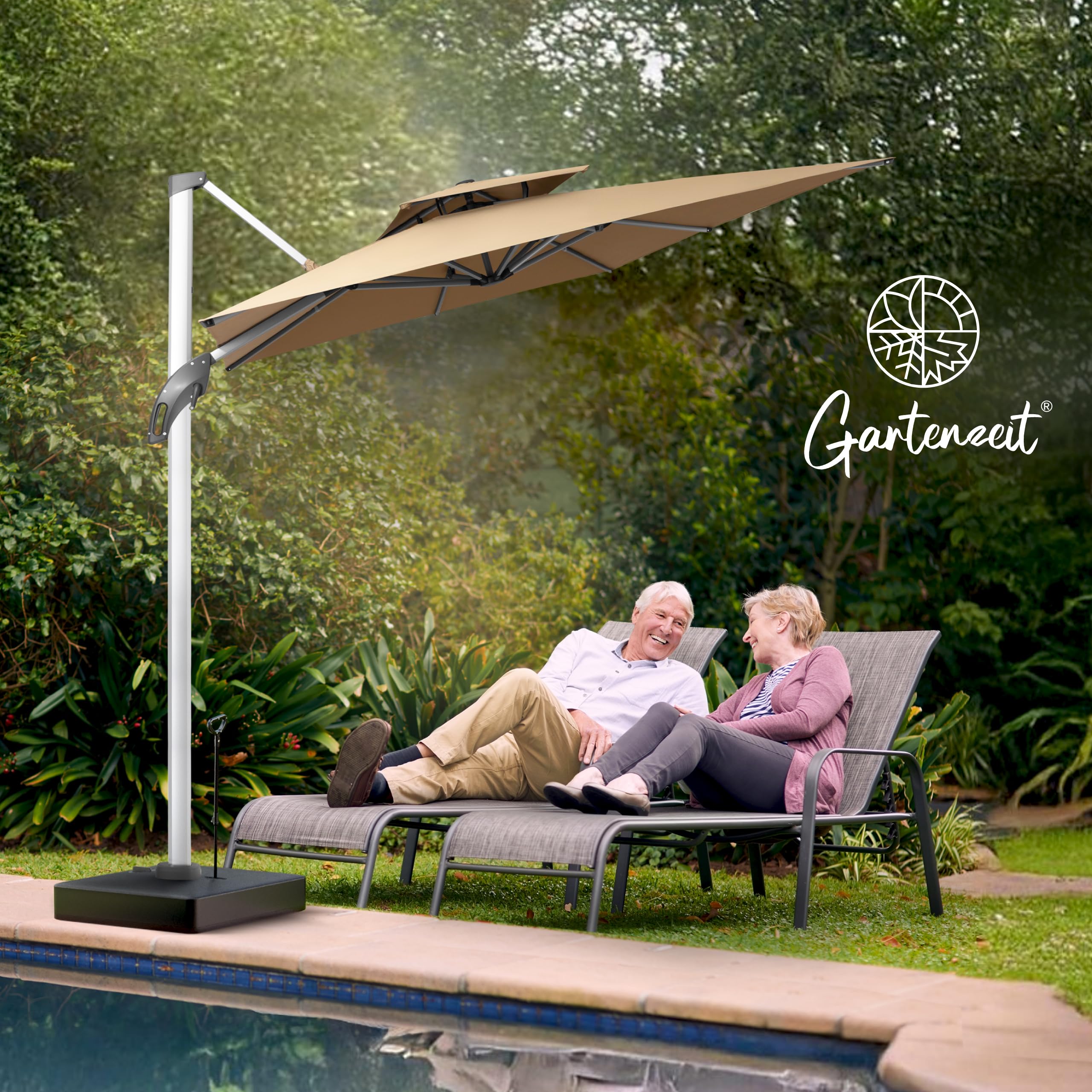 Gartenzeit® Sonnenschirmständer, befüllbar, rollbar, 162kg, Maße 84x84x21cm, Patent, Sonnenschirmständer mit Rollen für große Ampelschirme u. Sonnenschirme, fahrbar, mobil