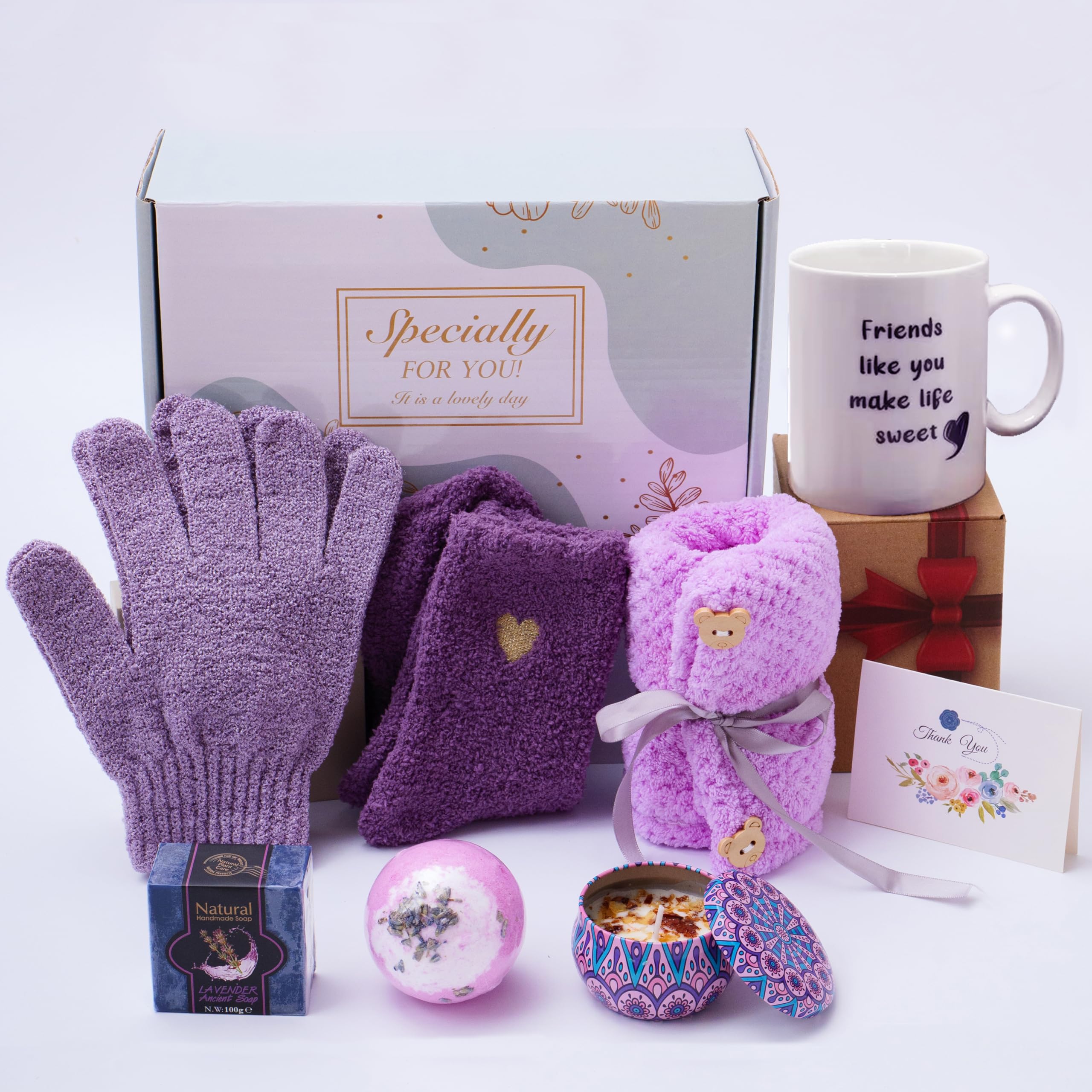 BEECO GIF2U Spa Gift Baskets for Women,Bestfriend Birthday Gifts Women Friendship,Purple Surprise Box for Women Includes Ceramic Mug,Scented Candle,