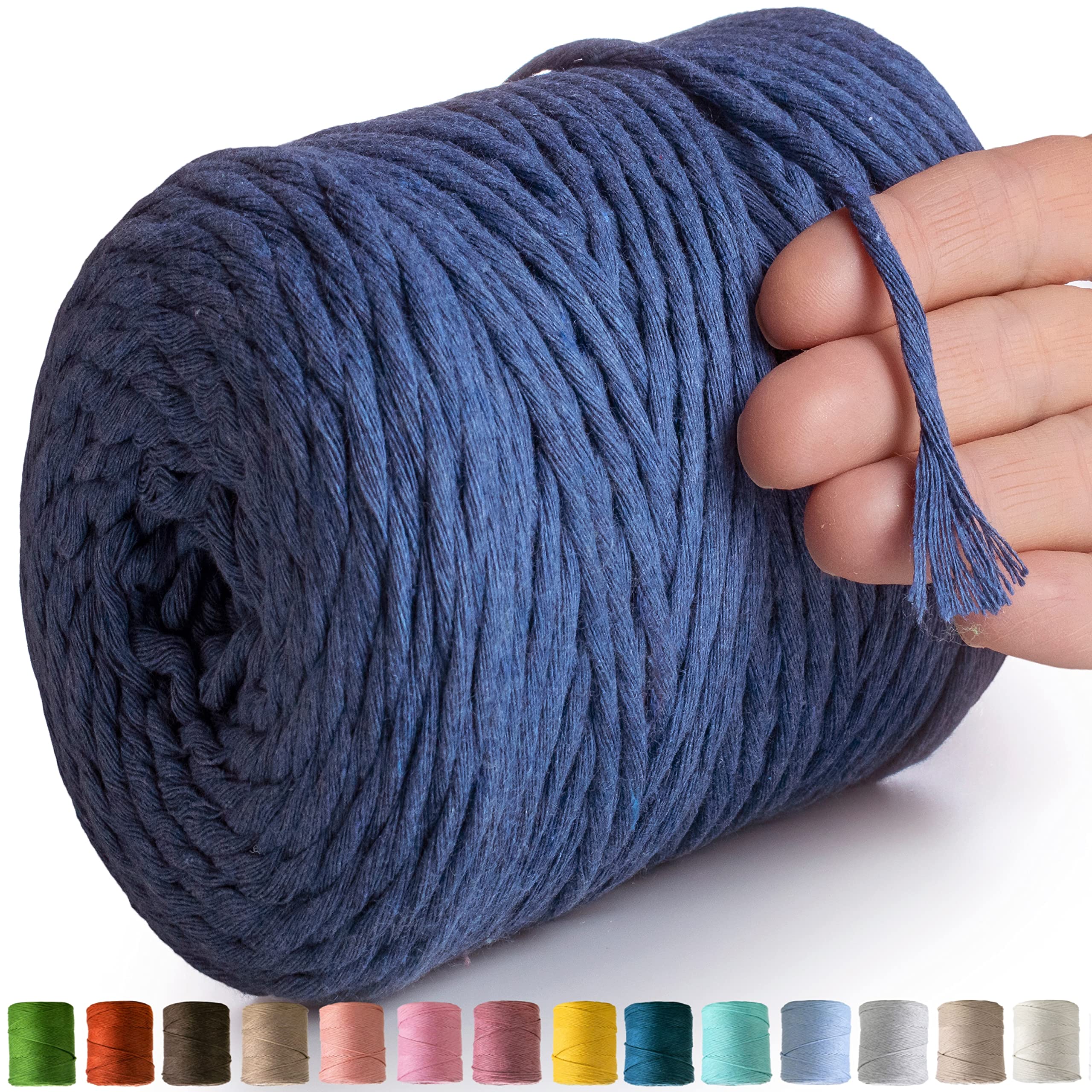 'MeriWoolArt® Natural Macrame Yarn, 4 mm, Colourful, 225 m, Super Soft Cotton Yarn, Single Twisted Macrame Cord for Macrame Wall Hanging, Hanging Basket, Curtain and More DIY (Jeans)