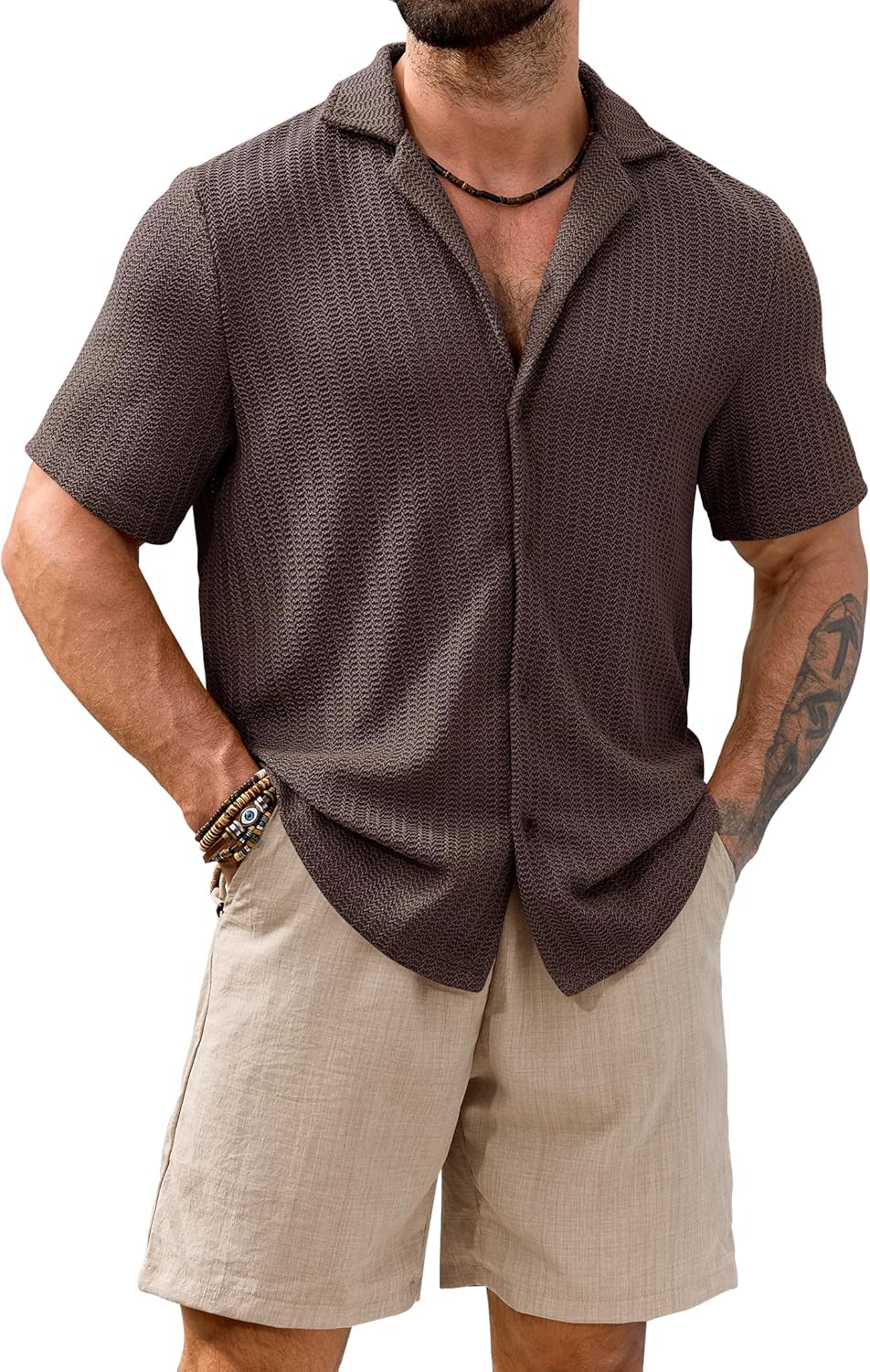 Men Summer Vacation Outfits Casual Crochet Cuban Collar Shirts and Shorts Set(S-XXL)