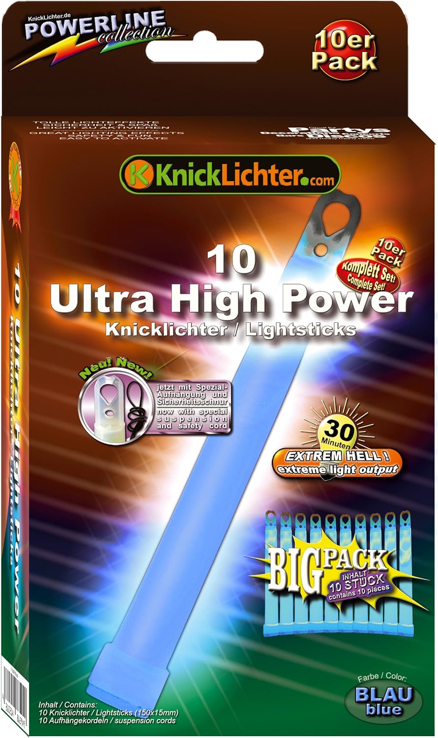 10 UltraHighPower Emergency Glow Sticks BLUE, up to 45min. Extremely
