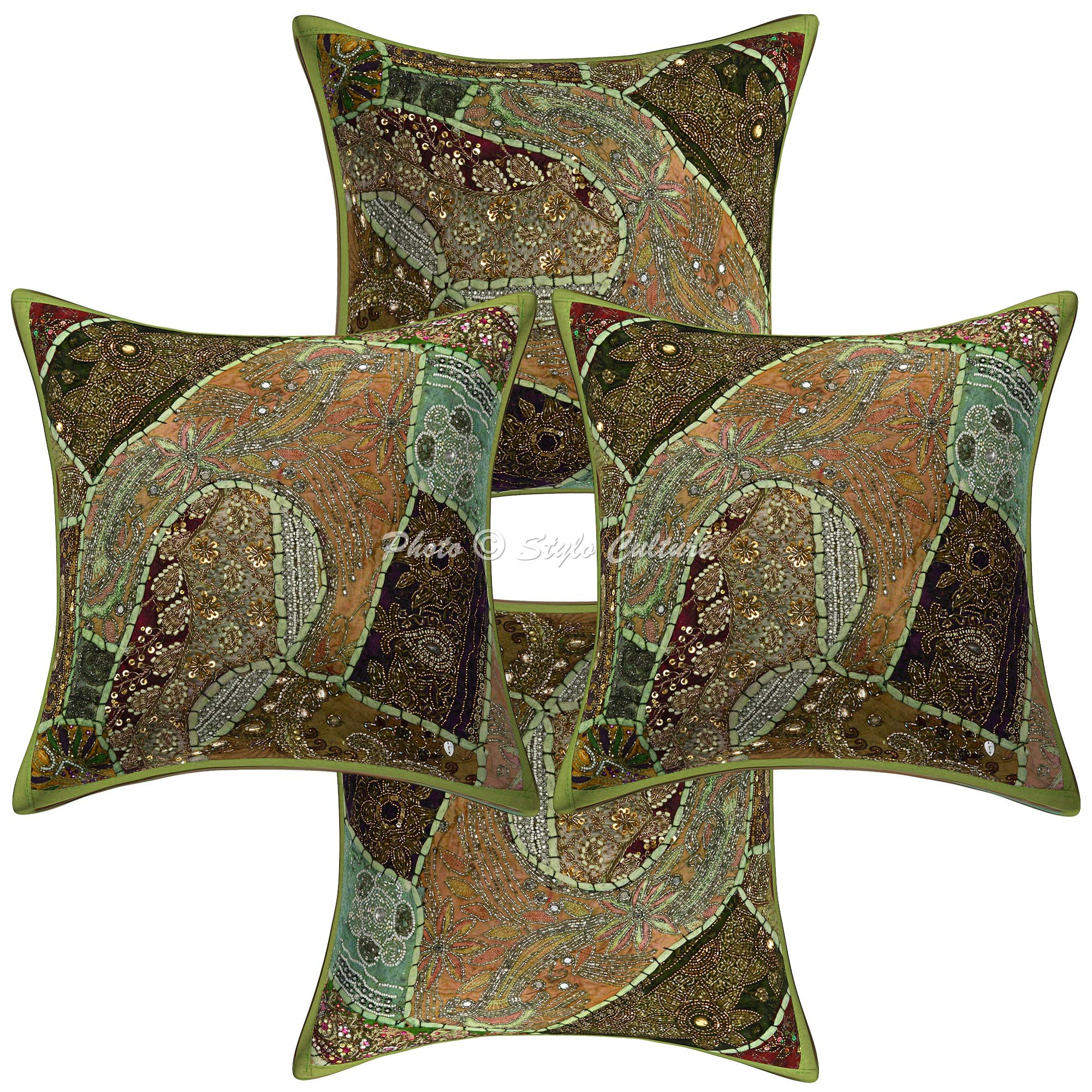 Indische Dekorativ Baumwolle Couch Kissenbezüge 40x40 cm Papagei Grün Dekokissen Perlenbestickt Patchwork Schlafzimmer Sofa Kissen Bezüge Halsdesign Quadrat Kissenhullen - 4 STK.