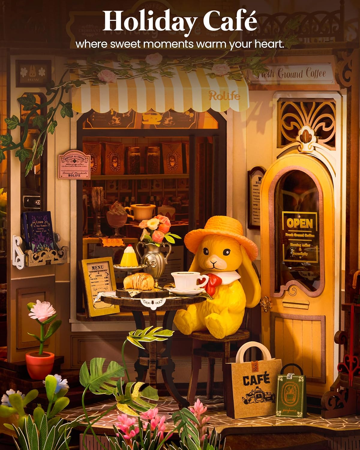 Rolife DIY Book Nook Kits for Adults, Miniature Dollhouse Booknook Kit, 3D Wooden Puzzle Creative Decorative Bookends Bookshelf Diorama Insert Crafts Hobbies Gifts (Holiday Café) - Image 6