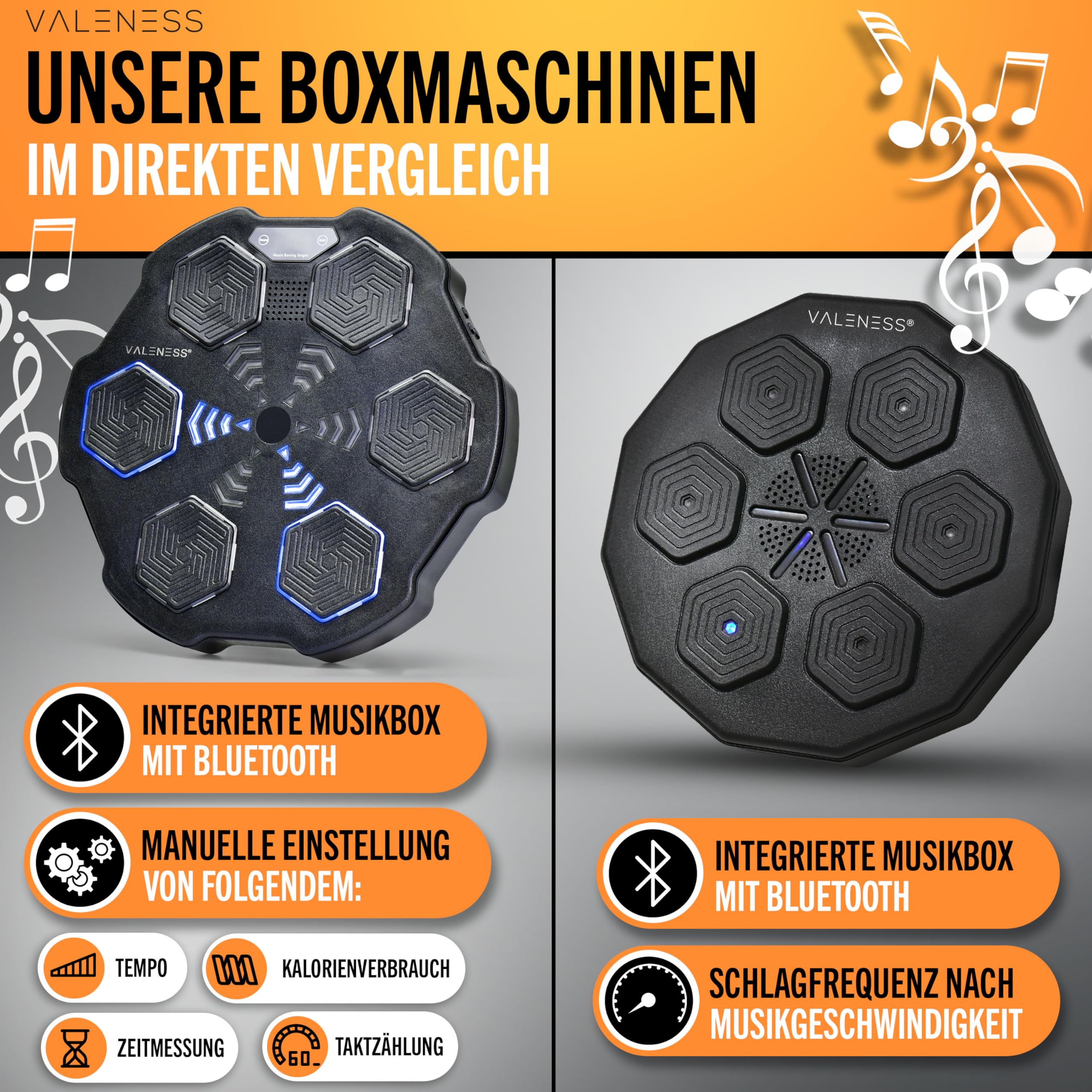 VALENESS® Musik Box Maschine – Smarte Boxing Machine mit Musik & LED – Boxmaschine mit Bluetooth, Zählfunktion & Boxhandschuhen – Wandgerät für Erwachsene & Kinder – Musik Power Boxing