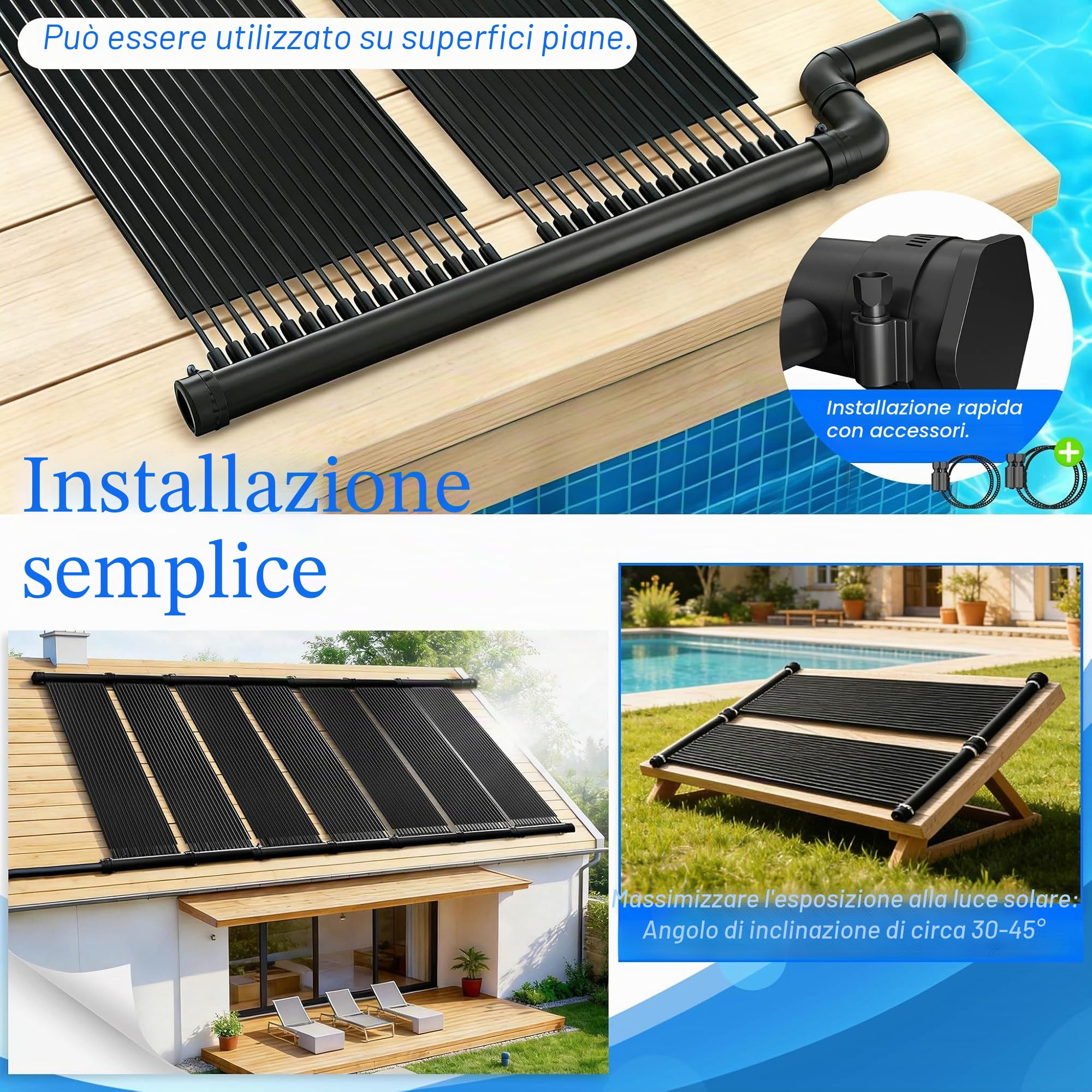 UISEBRT Riscaldatore solare per piscina 300x70 cm, riscaldamento solare per piscina, acqua calda, plastica resistente ai raggi UV, stuoia solare per riscaldamento di piscine e vasche da bagno