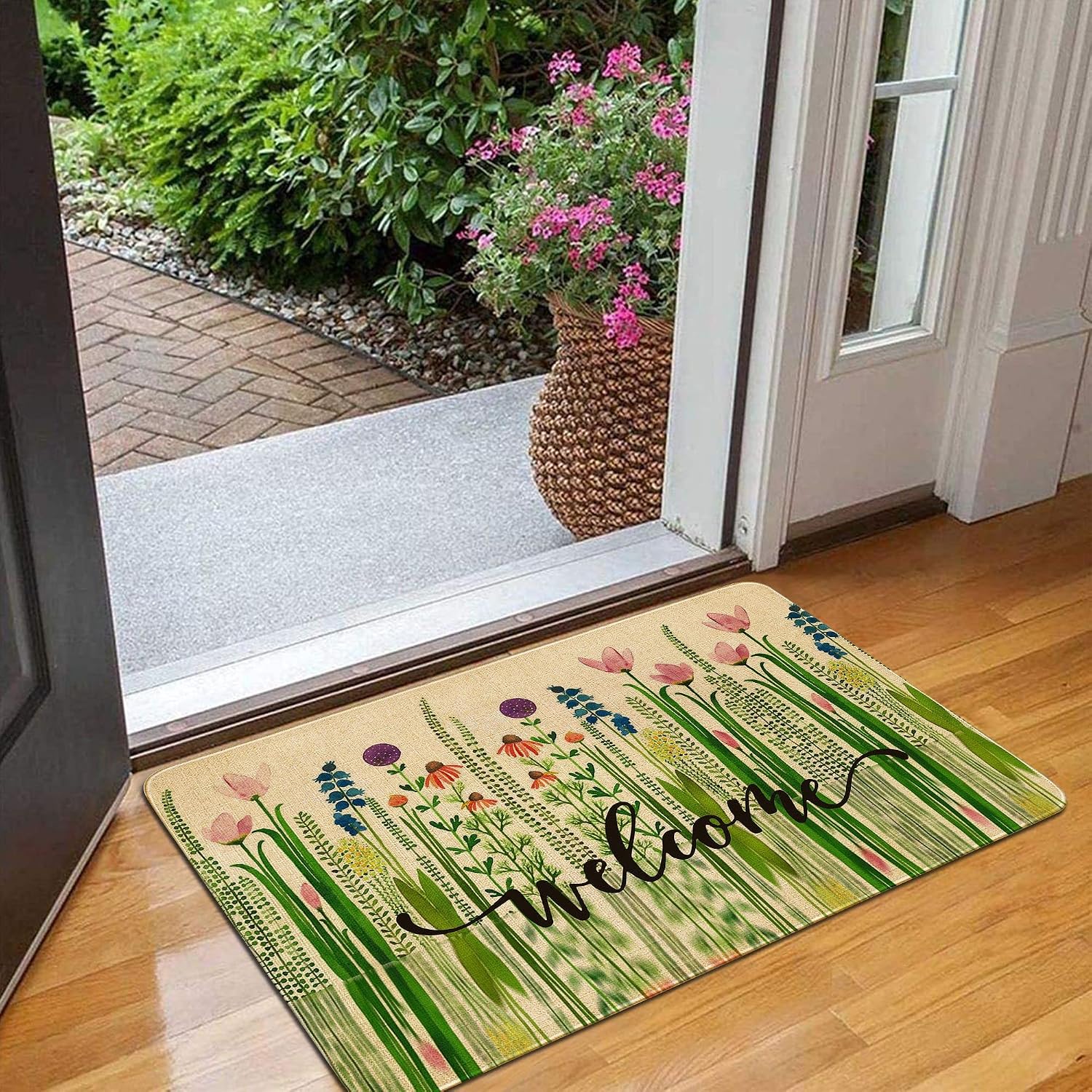 Doormat Tulip Watercolor Printed Linen Door Mat 24 x 36 inch，Indoor Outdoor Carpet Rubber Non-Slip Reusable Home Decor Rug