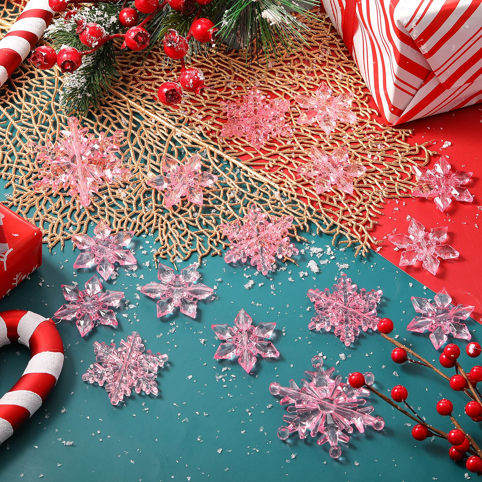 Boao 35 Pieces Christmas Snowflakes Ornaments DIY Acrylic Snowflakes Crystal Xmas Tree Pendant Winter Hanging Snow Theme Decoration(Clear Light Pink)