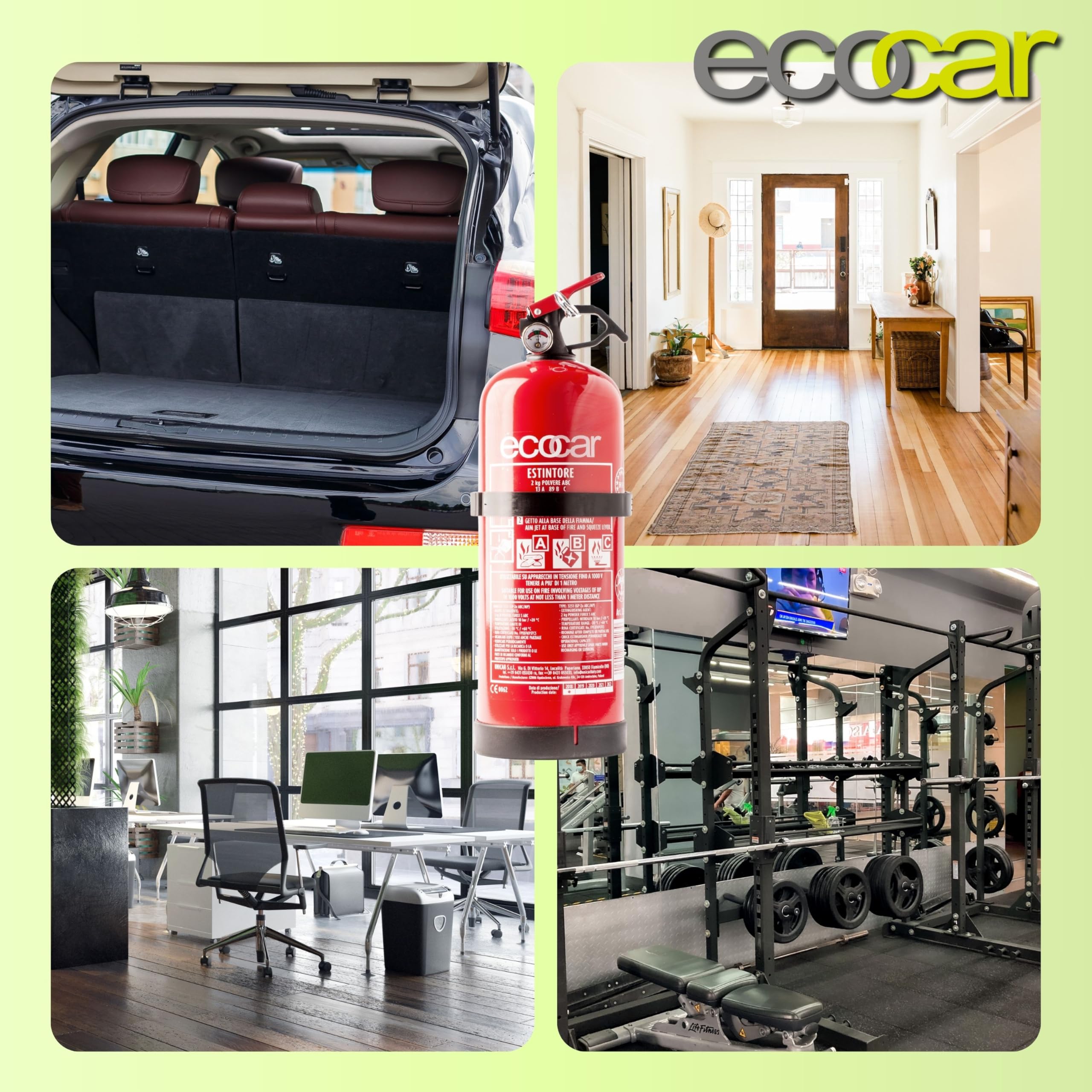ecocar - Estintore 2kg in Polvere Omologato EN3 per Auto, Casa, B&B, Camper e Ufficio - con Manometro e Supporto Incluso