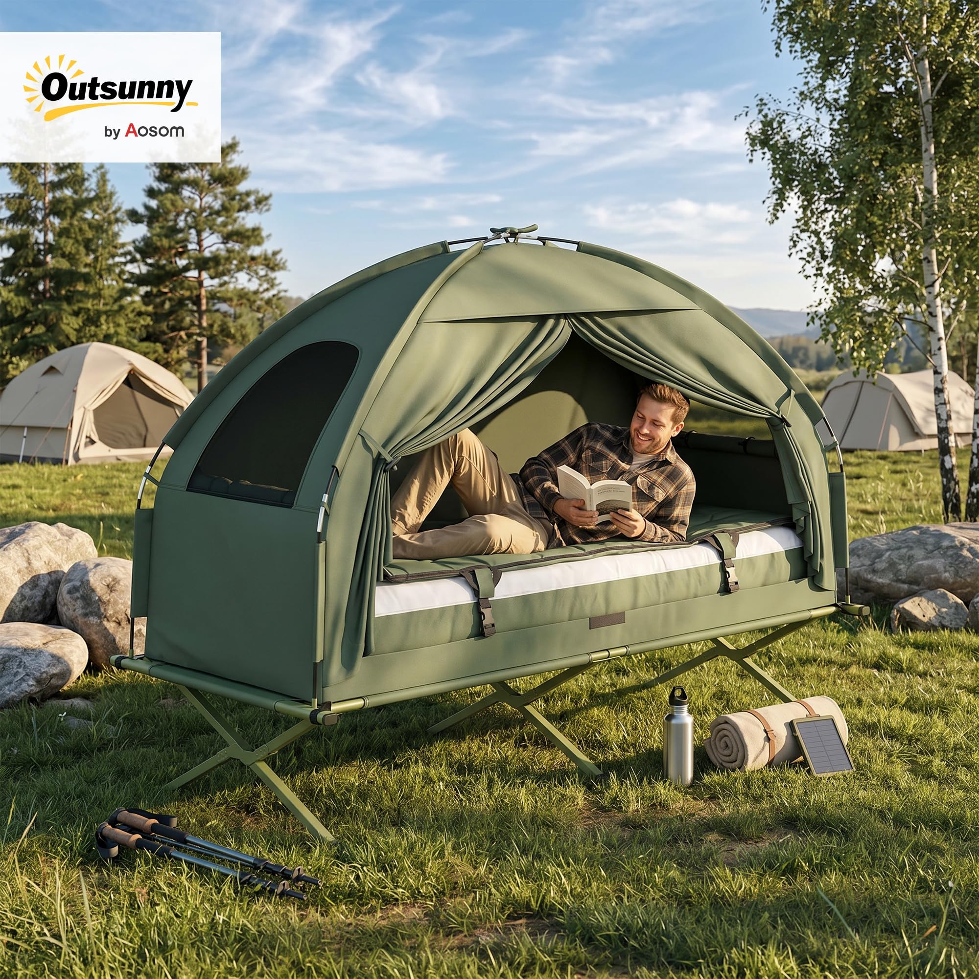 Outsunny SoBuy Feldbett mit Zelt Wurfzelt mit Luftpumpe, Matratze, Tragetasche, Schlafsack, Wasserdichtes Campingbett Extra Breit Outdoor Campingliege Dunkelgrün 193x86x160 cm bis 114 kg