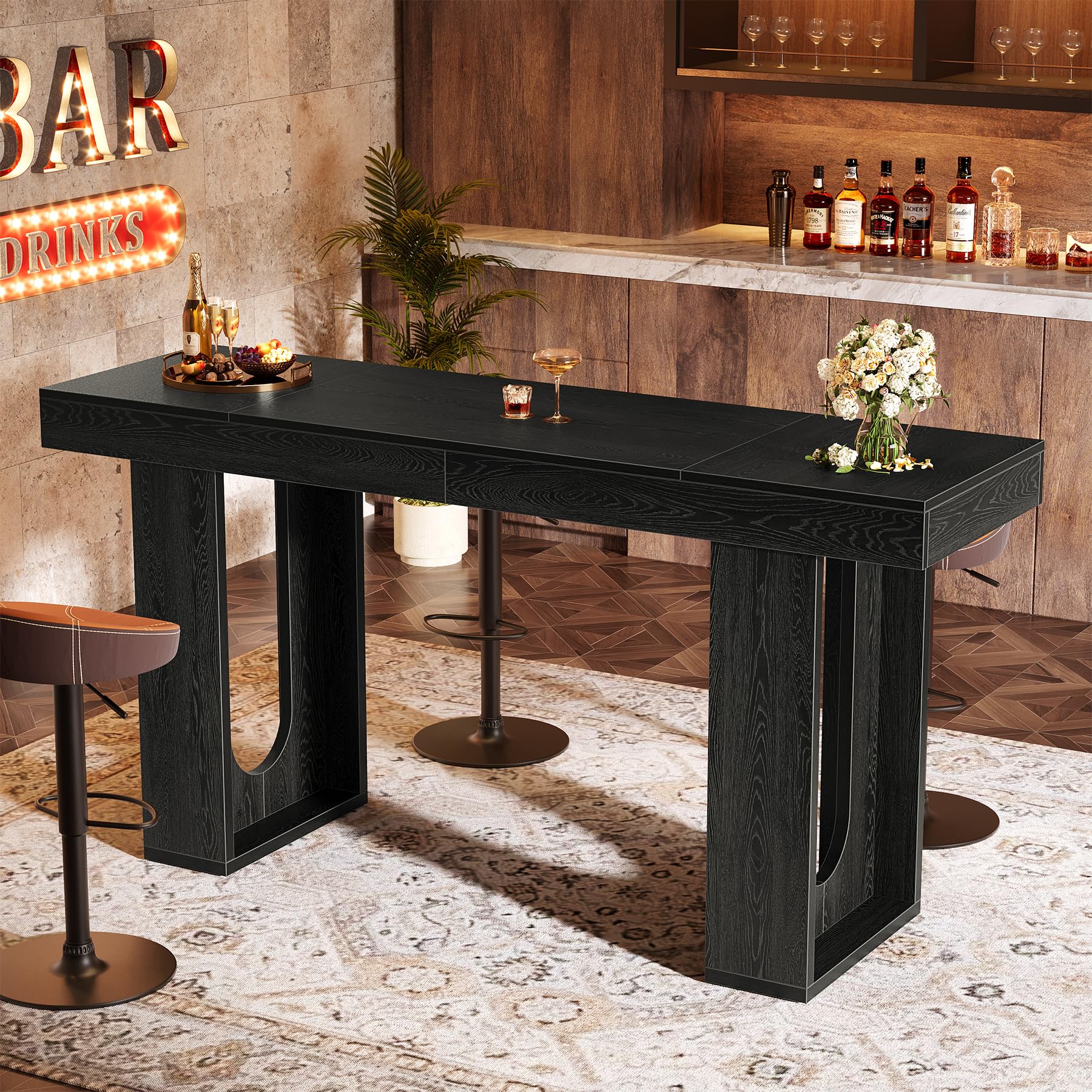 Tribesigns Table de bar longue de 180 cm, table debout moderne en hauteur de travail, comptoir de cuisine rectangulaire avec pieds stables, pour salon, cuisine, bistrot, noir