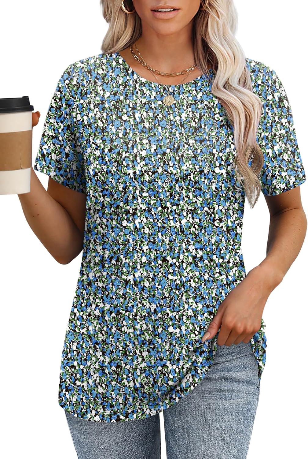 OFEEFAN Short Sleeve Tshirts for Women Summer Eyelet Short Sleeve Tops Loose Casual Basic Tee