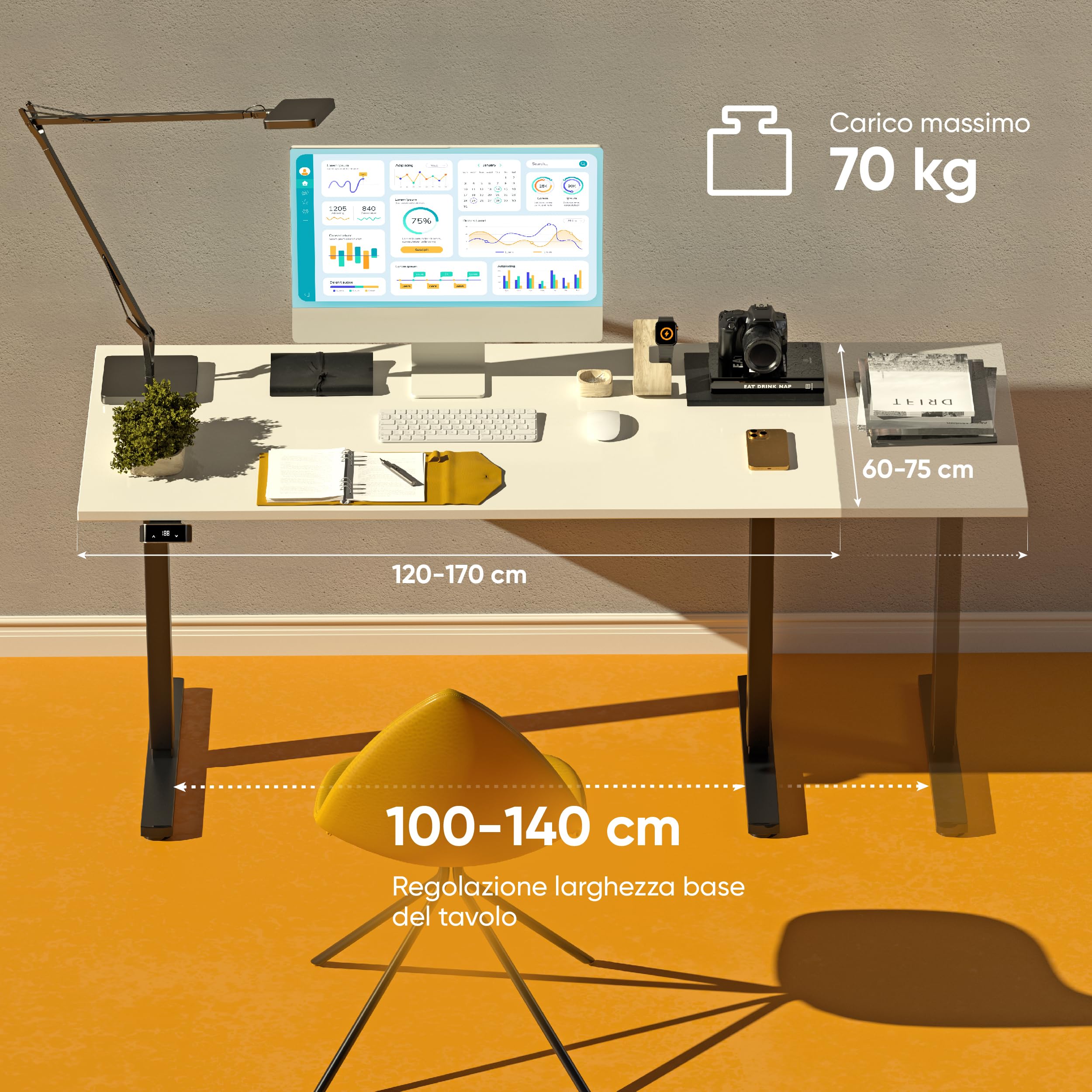 ONKRON Base per Piano di Lavoro, Scrivania Regolabile in Altezza 71–118 cm, Carico 70 kg, Struttura Scrivania Motorizzata con Larghezza 1000–1400 mm, Tavolo Gaming e Ufficio, Nero WDF221E-B