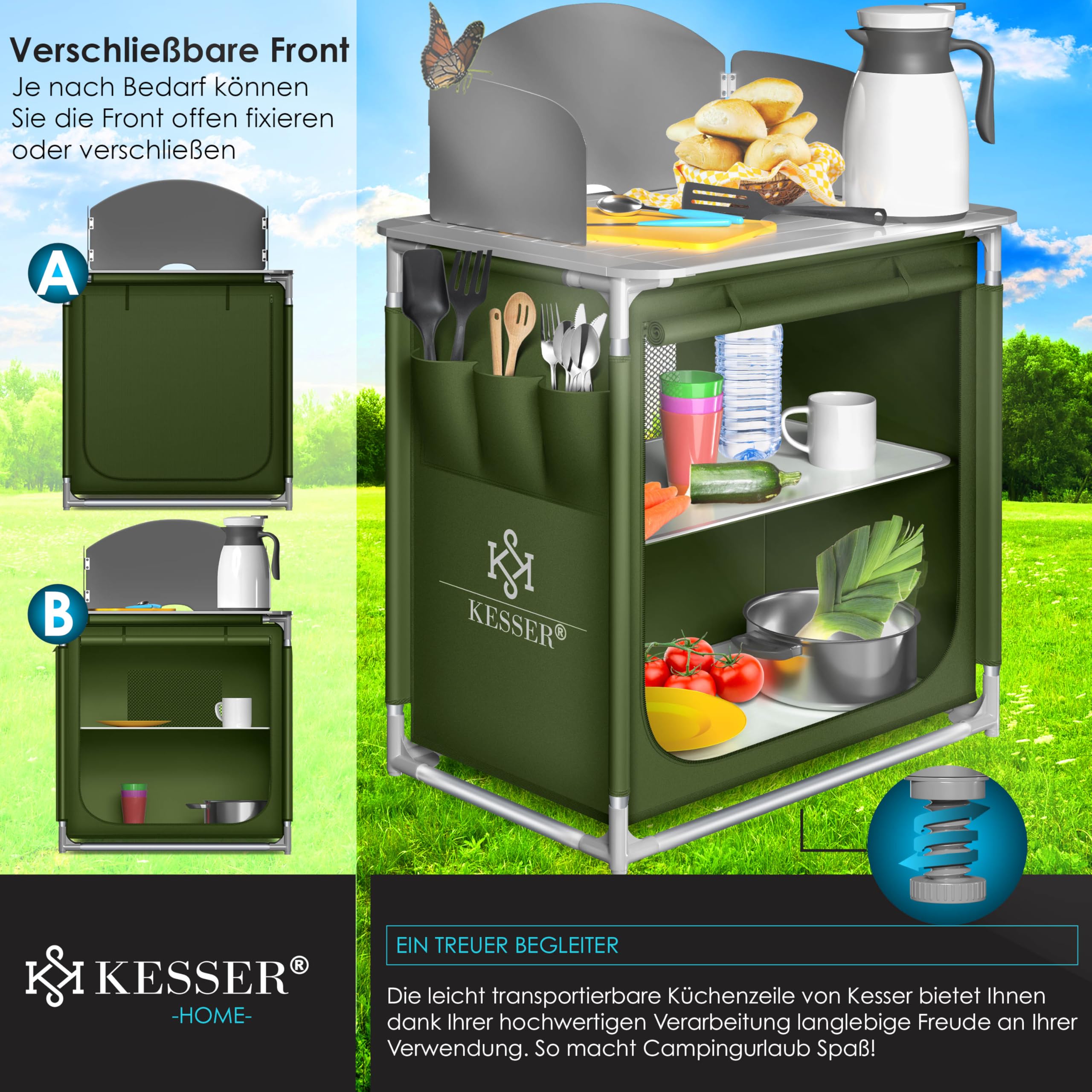 KESSER® Cucina da Campeggio, Armadietto da Campeggio Pieghevole con Borsa per Trasporto e Set di Bicchieri, Struttura in Alluminio